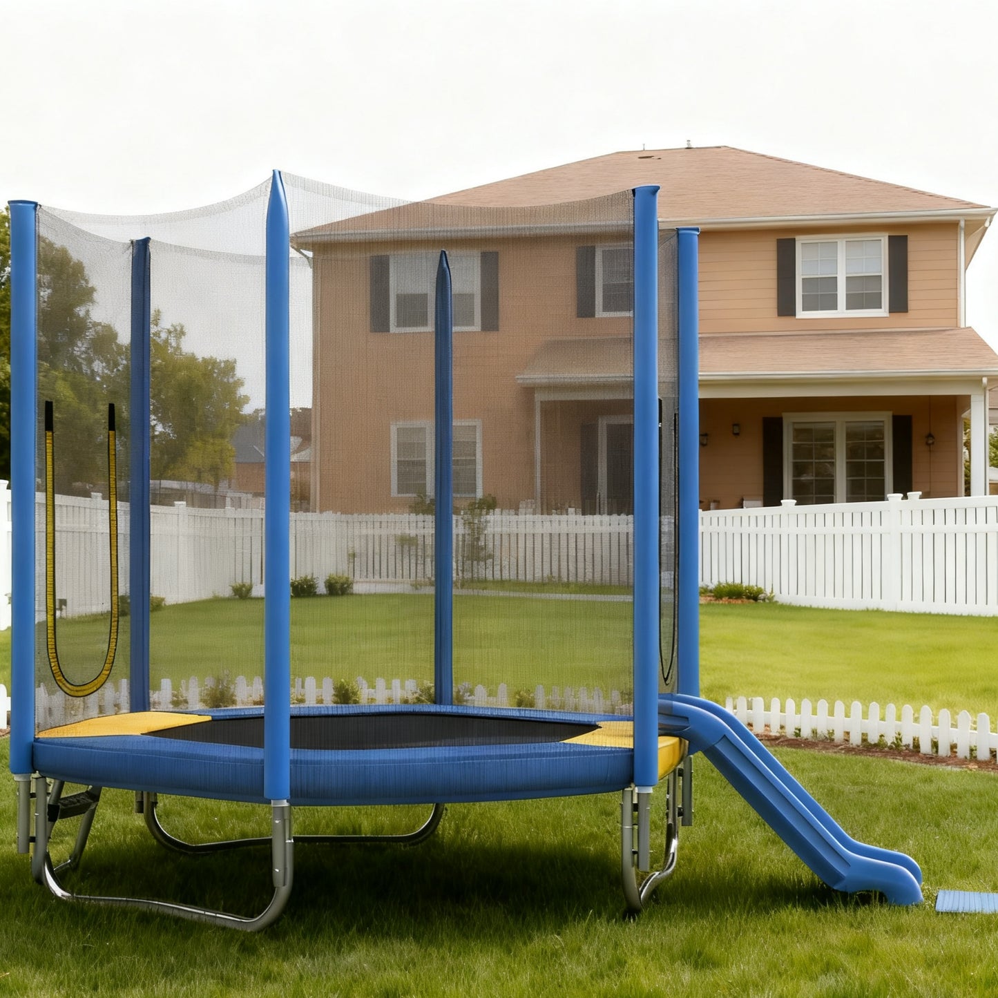 7FT Toddler Trampoline for Kids, SHINPT Outdoor/Indoor Trampoline with Slide and Ladder, Recreational Trampolinewith Safety Enclosure Net, Hexagon Trampoline for Kids 3+, Outside Toy for Backyard