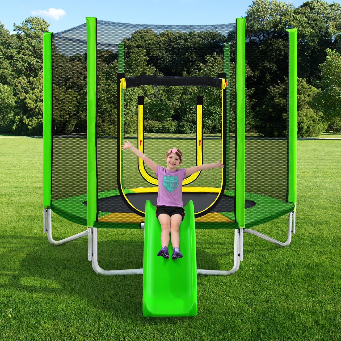 BTYMWAY 7ft Trampoline for Kids, Children's Trampoline Outdoor, Small Trampoline with Slide and Ladder, Recreational Trampoline for Backyard, Outside Toys for Kids with Safety Enclosure Net