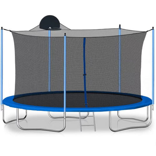 14FT Outdoor Trampoline with 5 Legs & 10 Poles, Shinpt Heavy Duty Backyard Metal Trampoline for Kids & Adults, Trampoline with Safe Padded Frame with Enclosure Net and Ladder