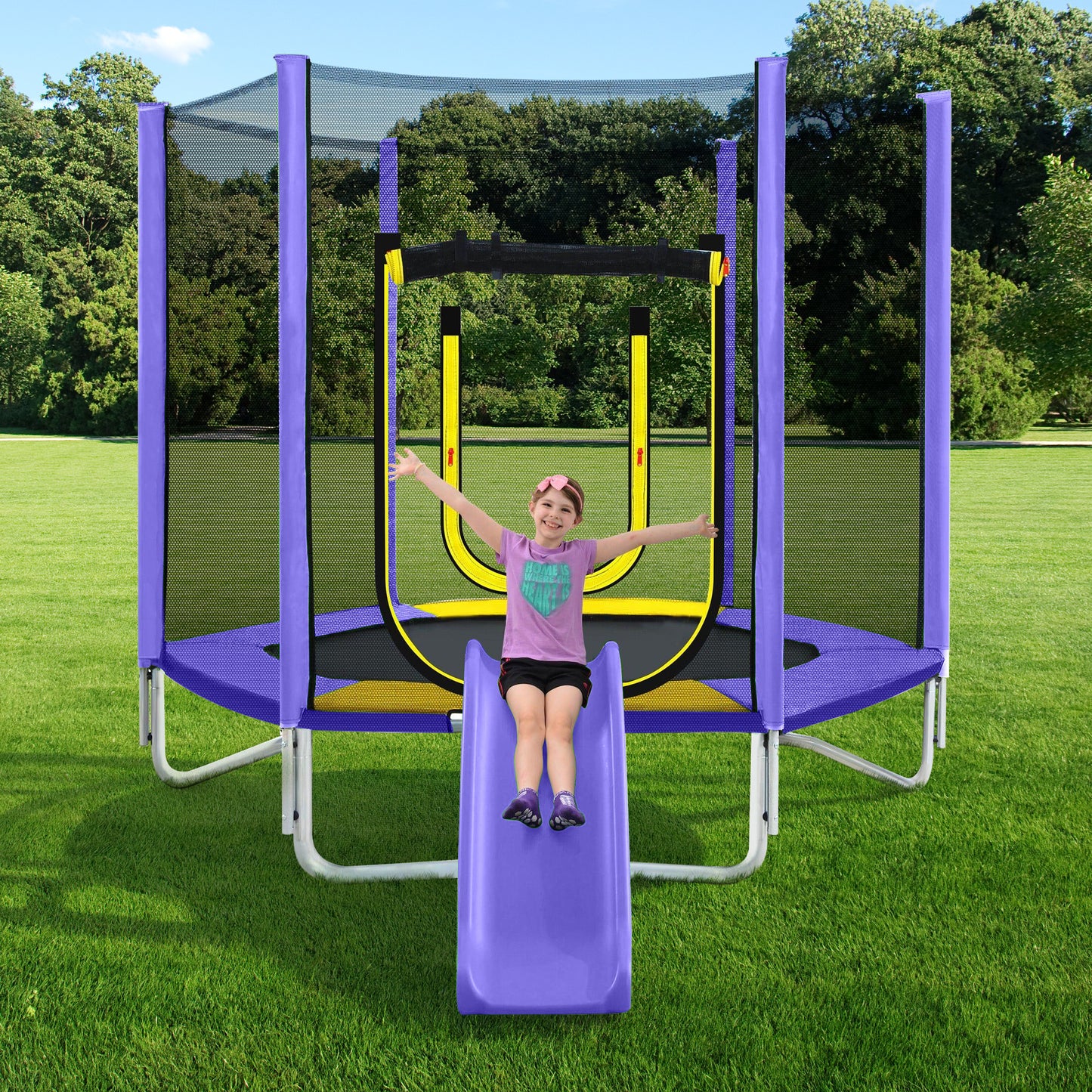 BTYMWAY 7ft Trampoline for Kids, Children's Trampoline Outdoor, Small Trampoline with Slide and Ladder, Recreational Trampoline for Backyard, Outside Toys for Kids with Safety Enclosure Net