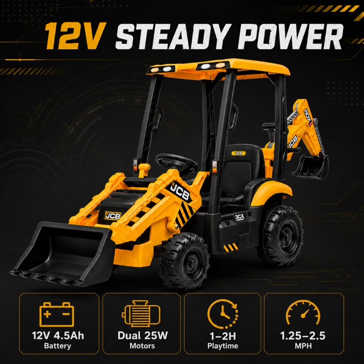 SHINPT Ride on Excavator, JCB, Realistic 2-in-1 Construction,  Toddler Excavator, Shovel & Digger, Electric Ride on Toy, 12V Battery Powered, Remote Control, Yellow, for Toddlers Boys 3-5 Years Old
