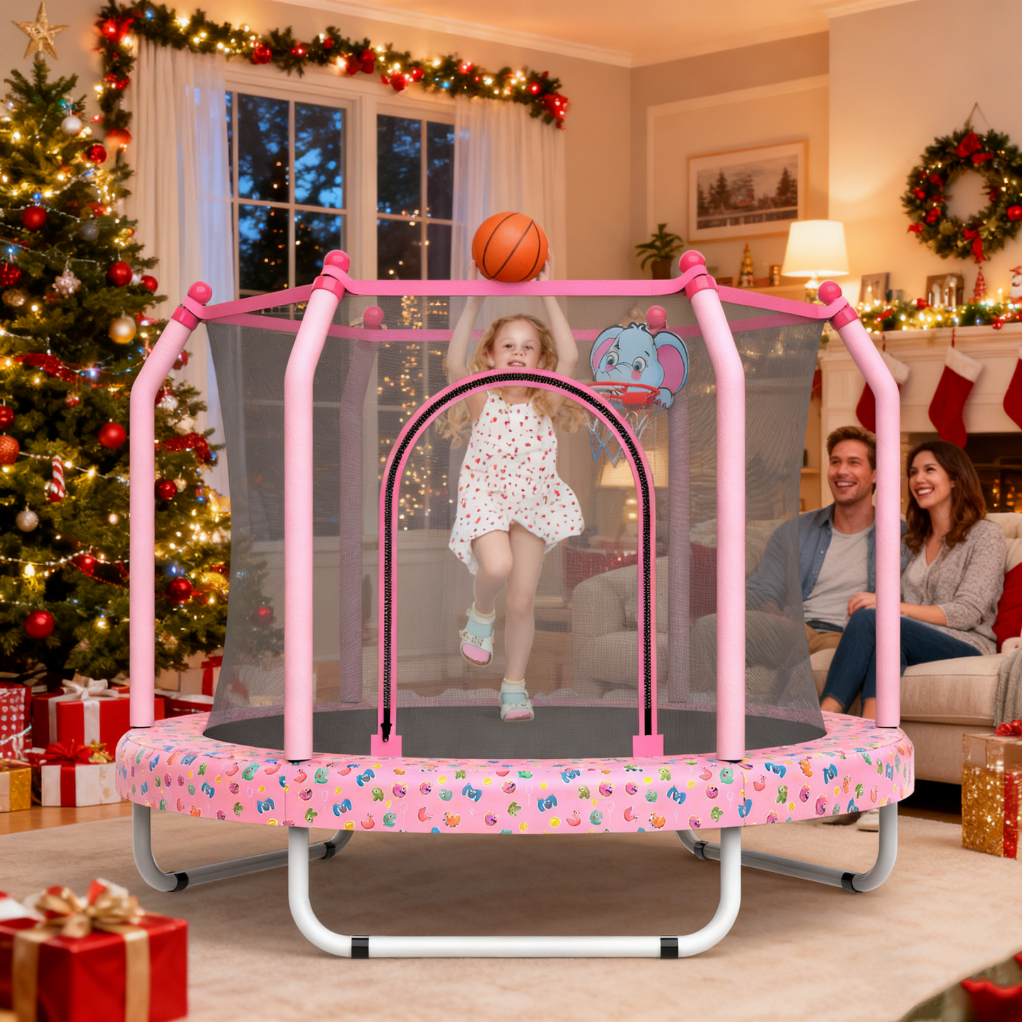 55" Toddler Trampoline with Enclosure Net, SHINPT Mini Trampoline for Kids with Basketball Hoop, Round Recreational Tranpolines for Birthday Gifts, for Boys Girls Aged 3-6, Indoor/Outdoor