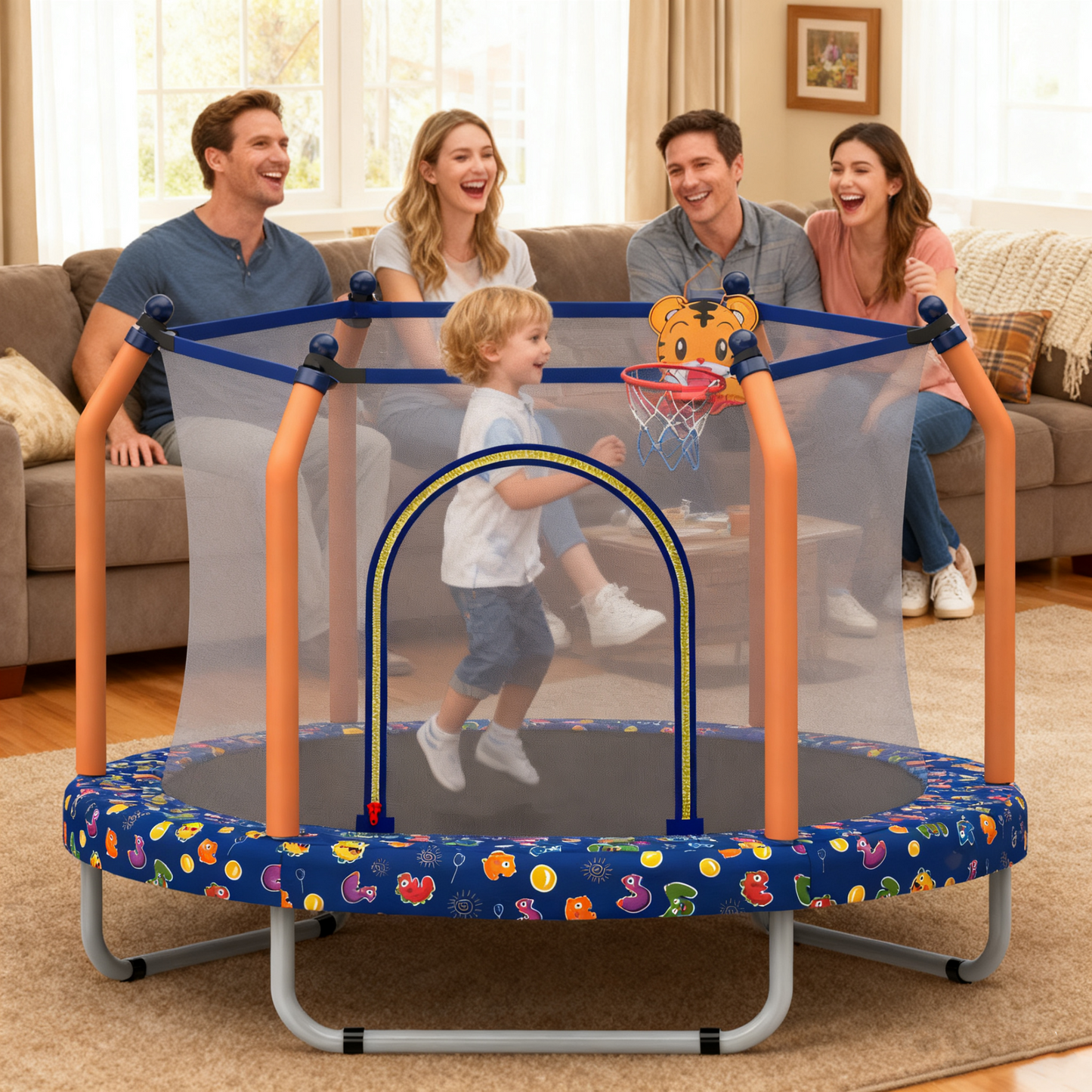 55" Toddler Trampoline with Enclosure Net, SHINPT Mini Trampoline for Kids with Basketball Hoop, Round Recreational Tranpolines for Birthday Gifts, for Boys Girls Aged 3-6, Indoor/Outdoor