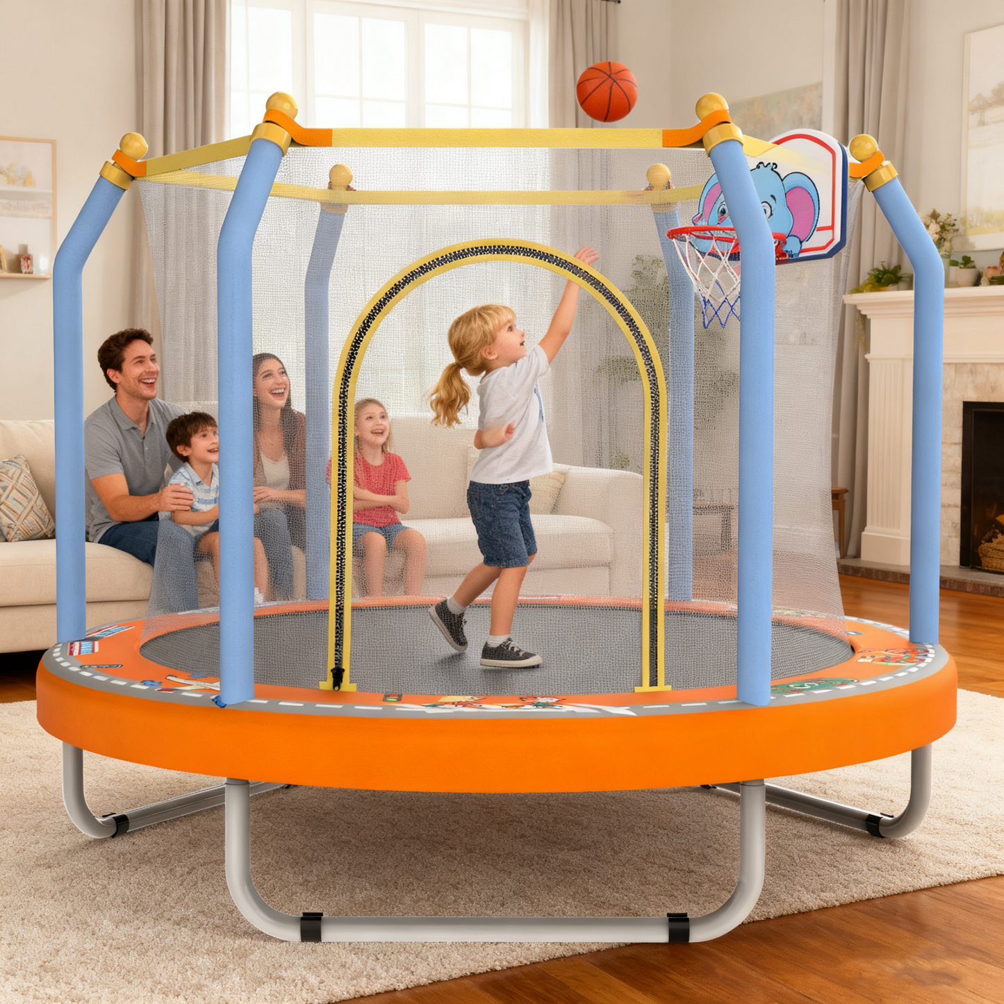 55" Toddler Trampoline with Enclosure Net, SHINPT Child's Mini Trampoline with Basketball Hoop, Round Recreational Tranpolines for Birthday Gifts, Kids Trampoline for Aged 3-6, Indoor & Outdoor