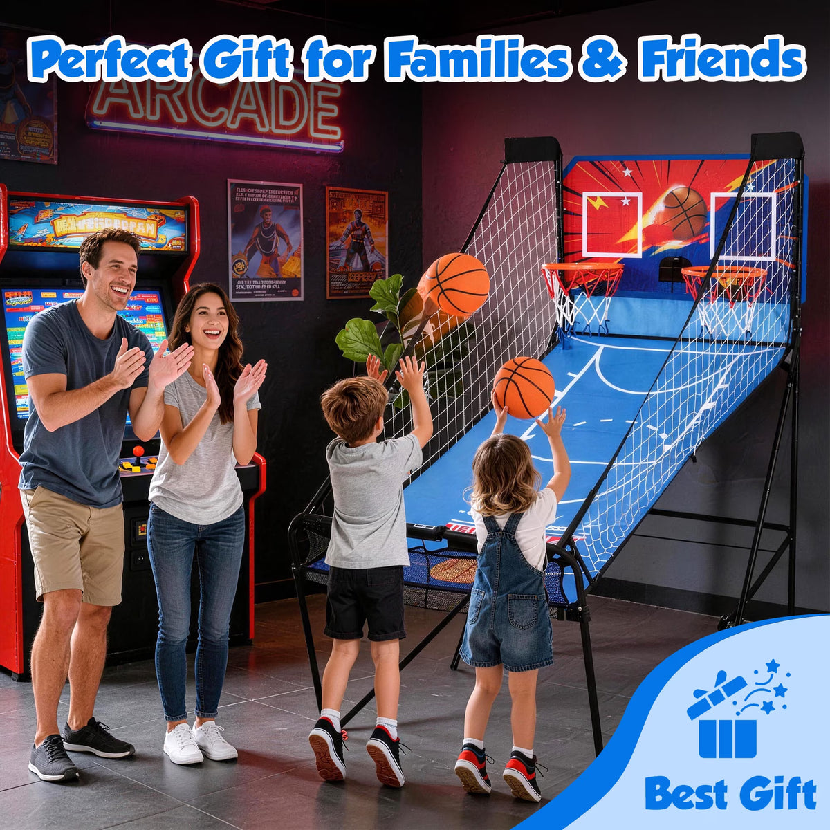 SHINPT Fodable Arcade Basketball Game for 1-4 Players, SHINPT Dual Shoot Basketball Arcade with 8 Game Modes, 6 Balls, Indoor Basketball Game 39"×72", Arcade Basketball with LED Scoreboard for Kids & Adults