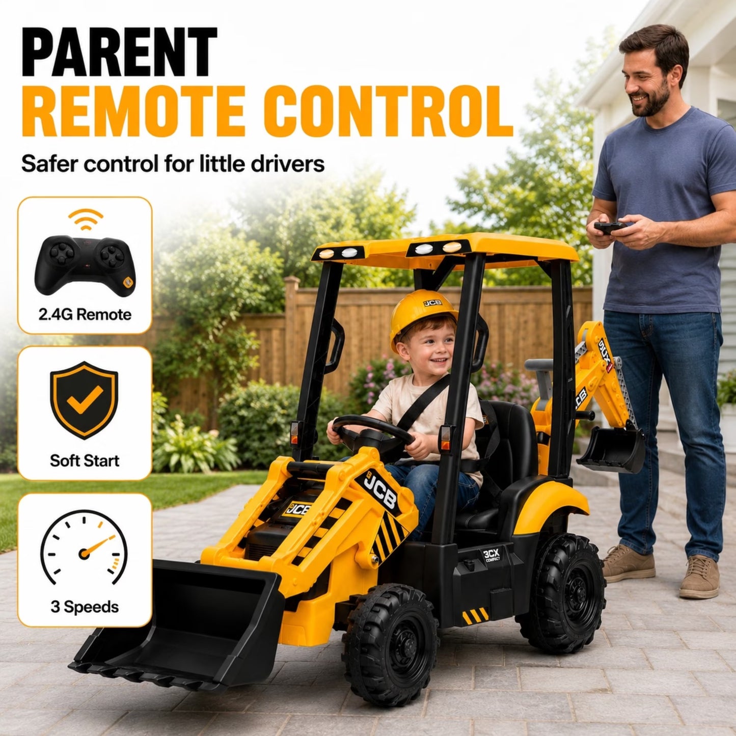 SHINPT Ride on Excavator, JCB, Realistic 2-in-1 Construction,  Toddler Excavator, Shovel & Digger, Electric Ride on Toy, 12V Battery Powered, Remote Control, Yellow, for Toddlers Boys 3-5 Years Old