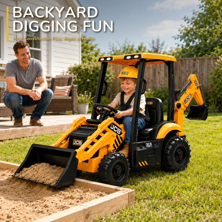 SHINPT Ride on Excavator, JCB, Realistic 2-in-1 Construction,  Toddler Excavator, Shovel & Digger, Electric Ride on Toy, 12V Battery Powered, Remote Control, Yellow, for Toddlers Boys 3-5 Years Old