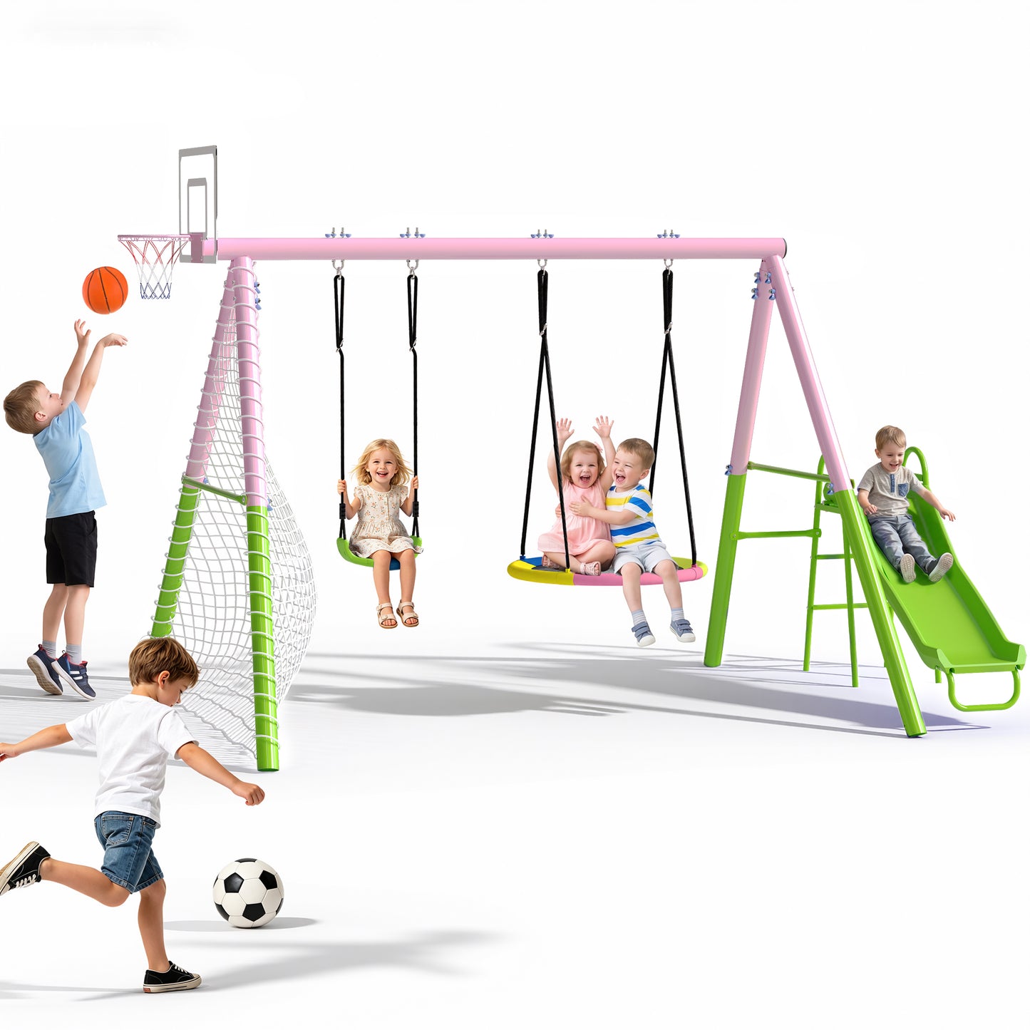 5 in 1 Metal Swing Sets for Backyard, SHINPT Outdoor Kids Swing Set with Slide, Saucer Swing Seat, Belt Swing Seat, Basketball Hoop, Soccer Net, Heavy Duty Backyard Playground Set for Kids