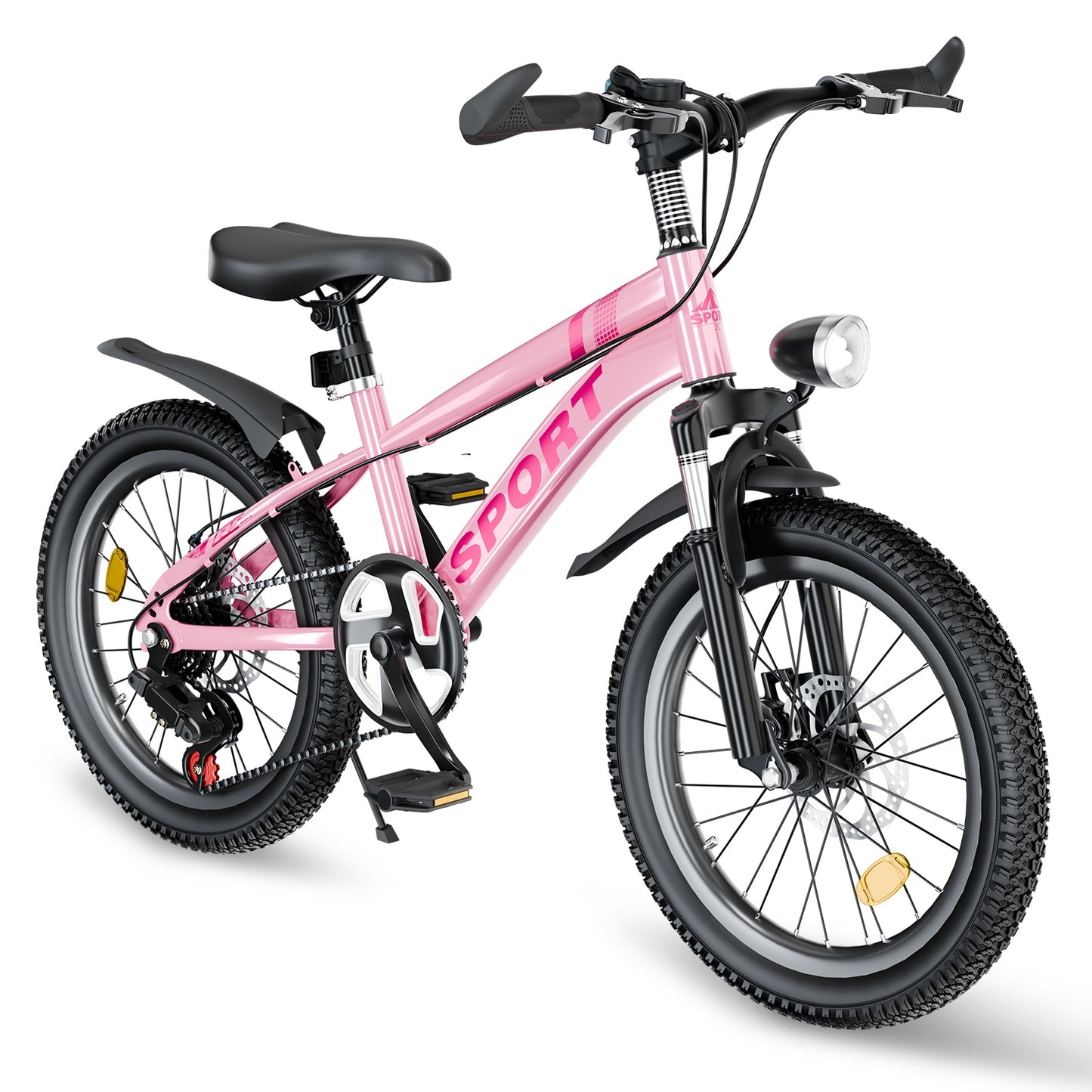 20" Mountain Bike for Kids 7-12, SHINPT Kids Bicycle with LED Light, Toddler Girls and Boys Bike with 7-Speed Gears, Boys 20 inch Bike with Shock Absorber Front Fork, Bike Ages 7-12, Pink, Silver