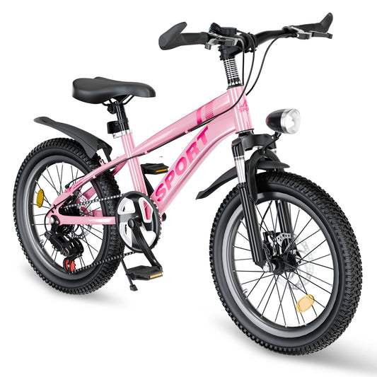 20" Mountain Bike for Kids 7-12, SHINPT Kids Bicycle with LED Light, Toddler Girls and Boys Bike with 7-Speed Gears, Boys 20 inch Bike with Shock Absorber Front Fork, Bike Ages 7-12, Pink, Silver