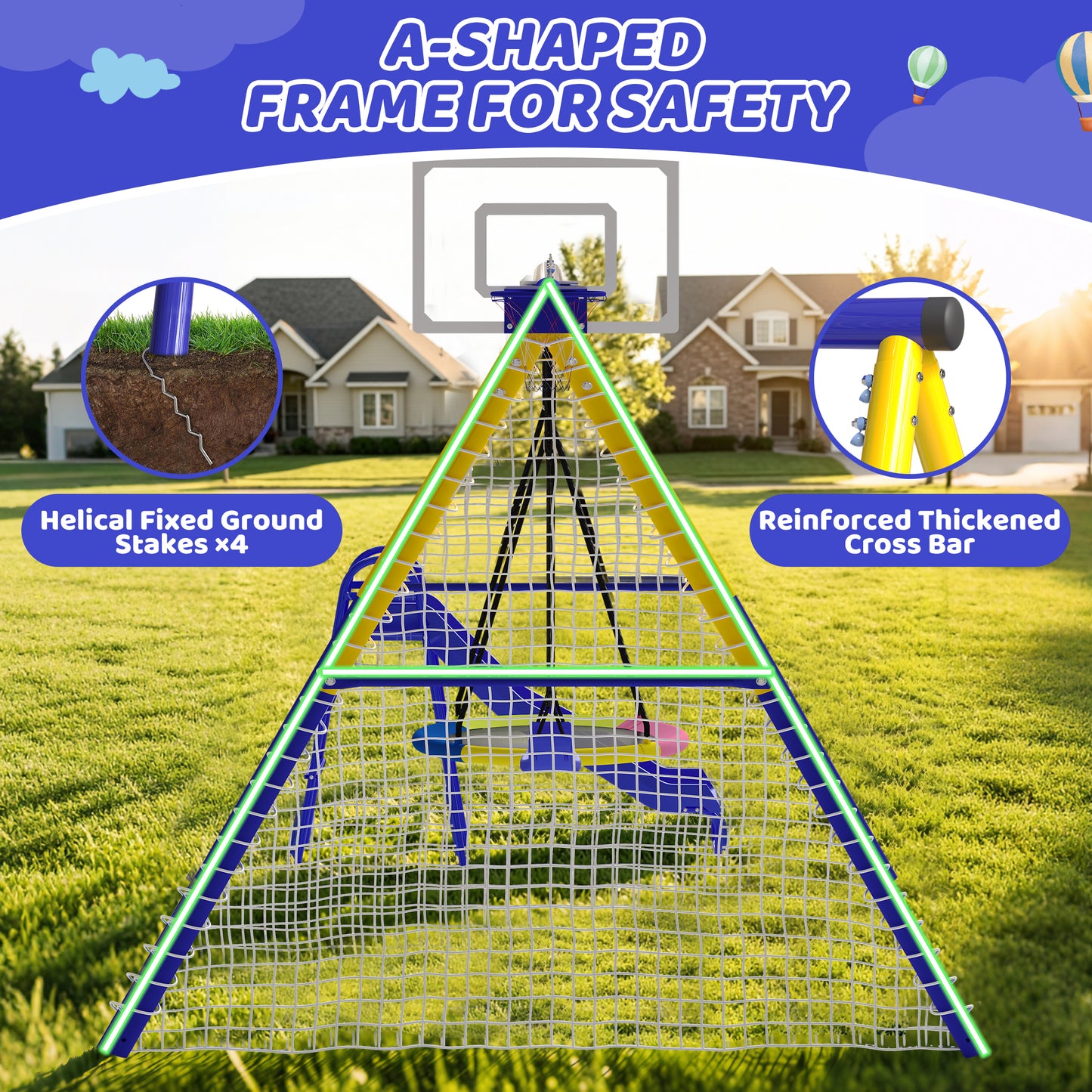 5 in 1 Metal Swing Sets for Backyard, SHINPT Outdoor Kids Swing Set with Slide, Saucer Swing Seat, Belt Swing Seat, Basketball Hoop, Soccer Net, Heavy Duty Backyard Playground Set for Kids