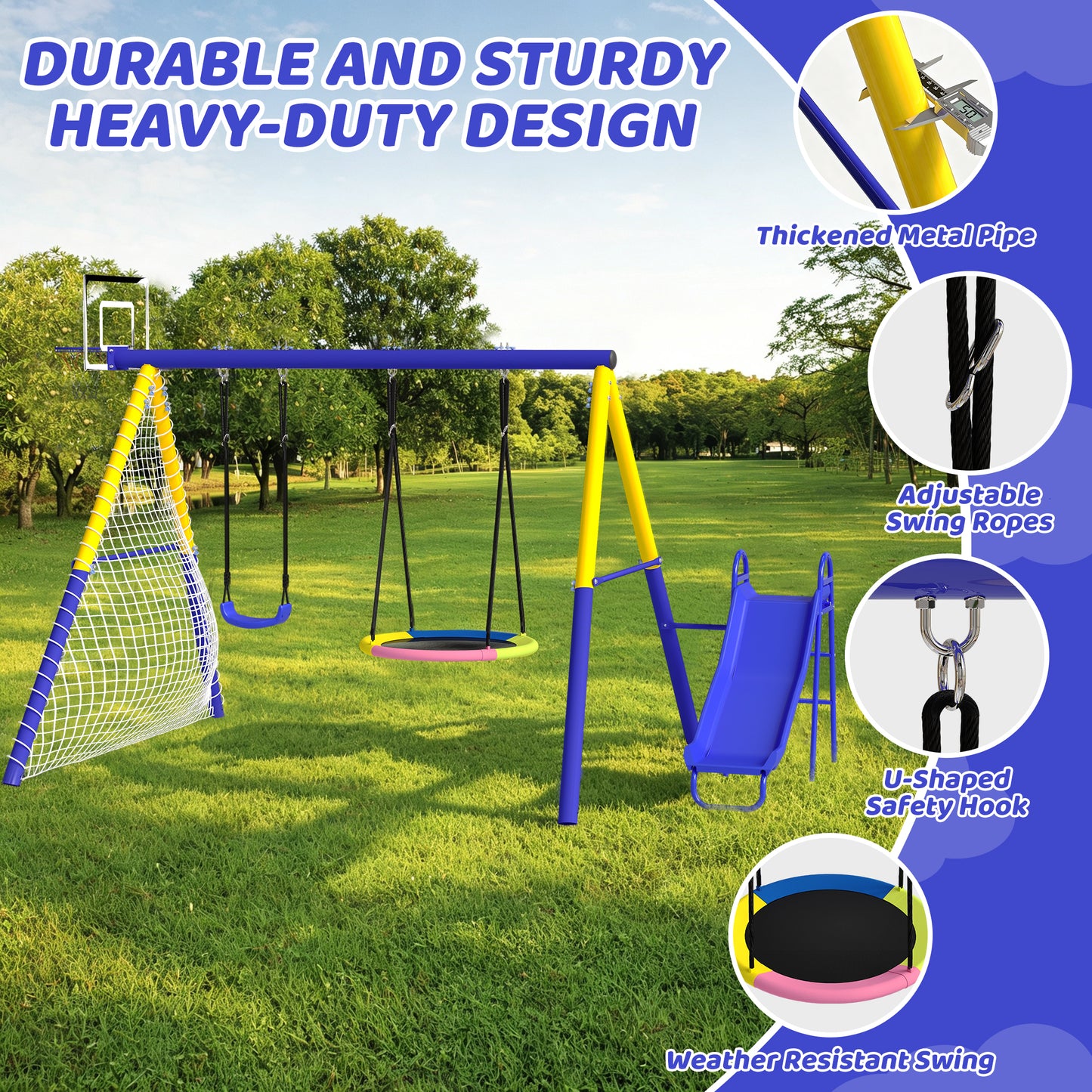5 in 1 Metal Swing Sets for Backyard, SHINPT Outdoor Kids Swing Set with Slide, Saucer Swing Seat, Belt Swing Seat, Basketball Hoop, Soccer Net, Heavy Duty Backyard Playground Set for Kids