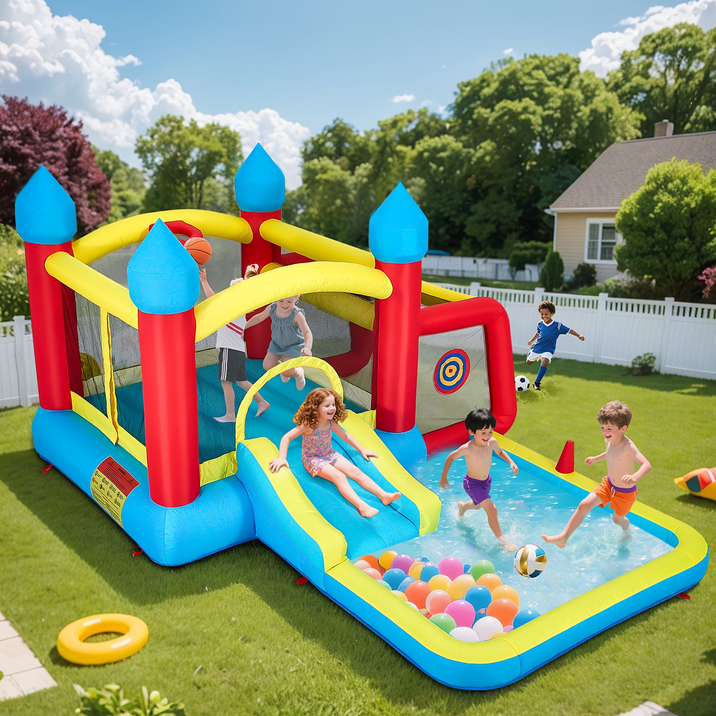 Inflatable Bounce House for Kids, Water Bounce House w/480W Air Blower, Indoor Outdoor Bouncy Castle Jump House w/Slide, Crawl-Thru Door & Net, Dartboard, Basketball Hoop, Football Goal