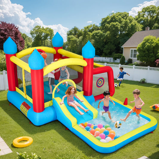 SHINPT Inflatable Bounce House for Kids, Water Bounce House w/480W Air Blower, Indoor Outdoor Bouncy Castle Jump House w/Slide, Crawl-Thru Door & Net, Dartboard, Basketball Hoop, Football Goal