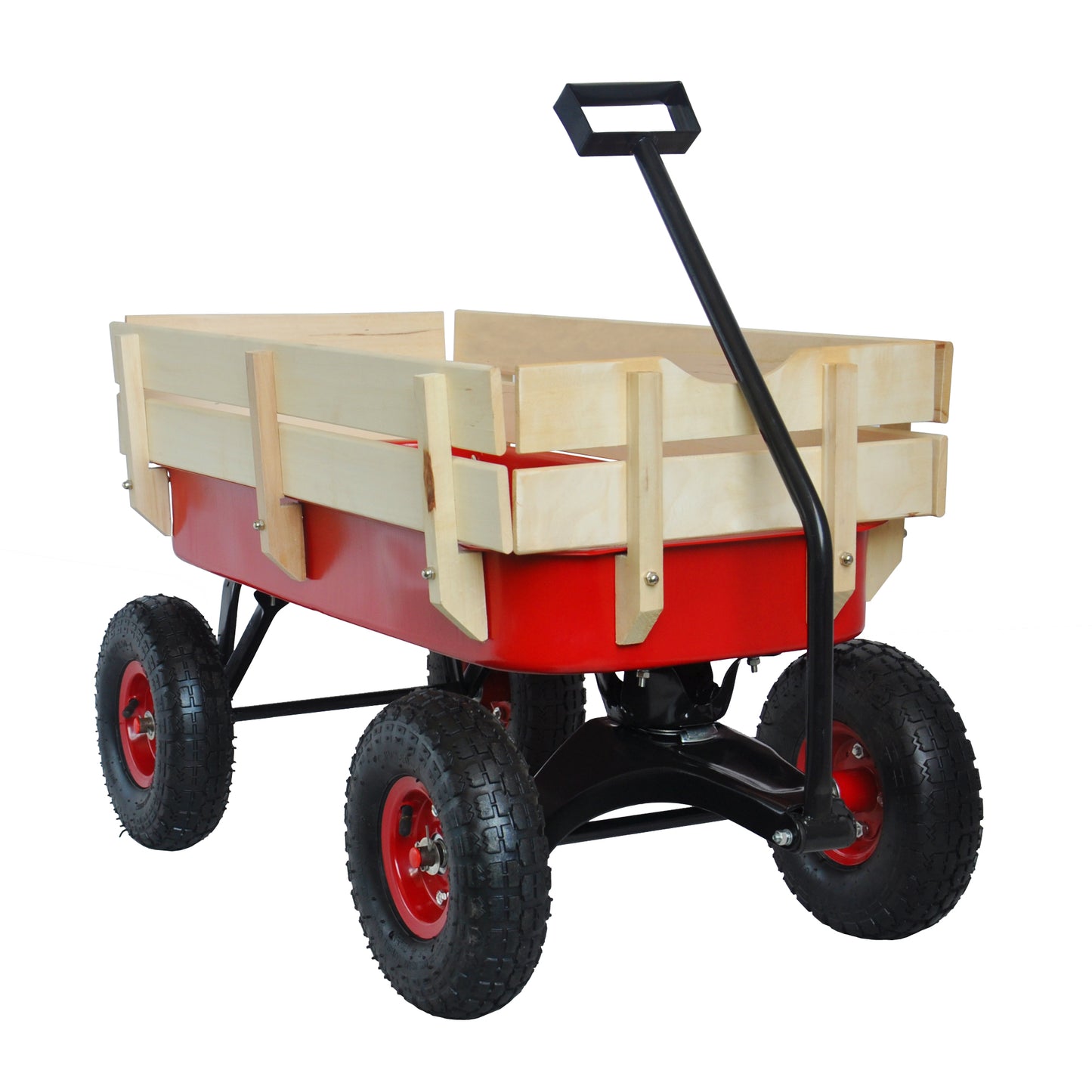 Heavy Duty Wagon with Handle, SHINPT Garden Cart and Wagon with Air Tires, Outdoor Gardening Cart with Wooden Side Panels, Utility Trailer with Metal Wheel Barrow, All Terrain Wagon for Yard, Lawn
