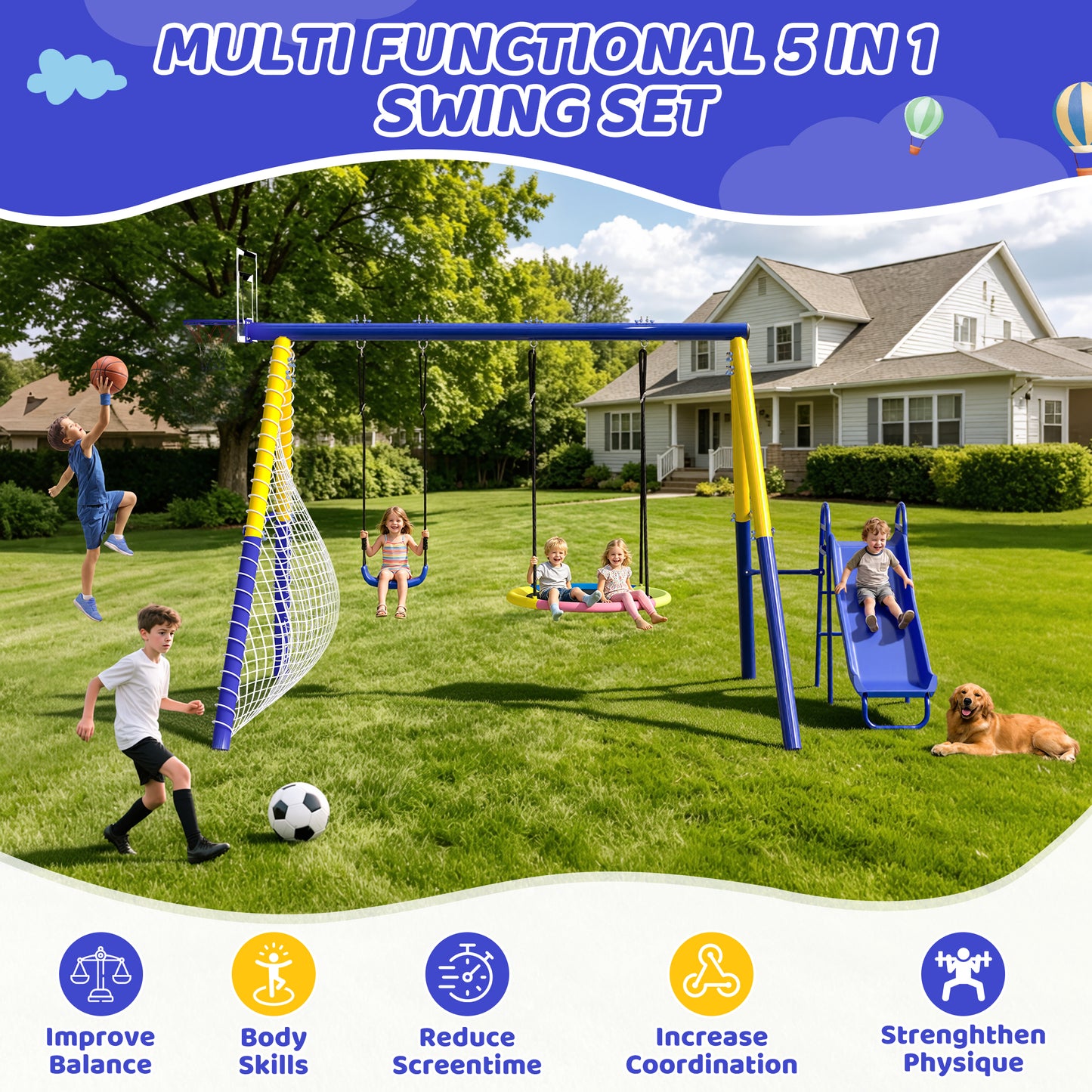 5 in 1 Metal Swing Sets for Backyard, SHINPT Outdoor Kids Swing Set with Slide, Saucer Swing Seat, Belt Swing Seat, Basketball Hoop, Soccer Net, Heavy Duty Backyard Playground Set for Kids