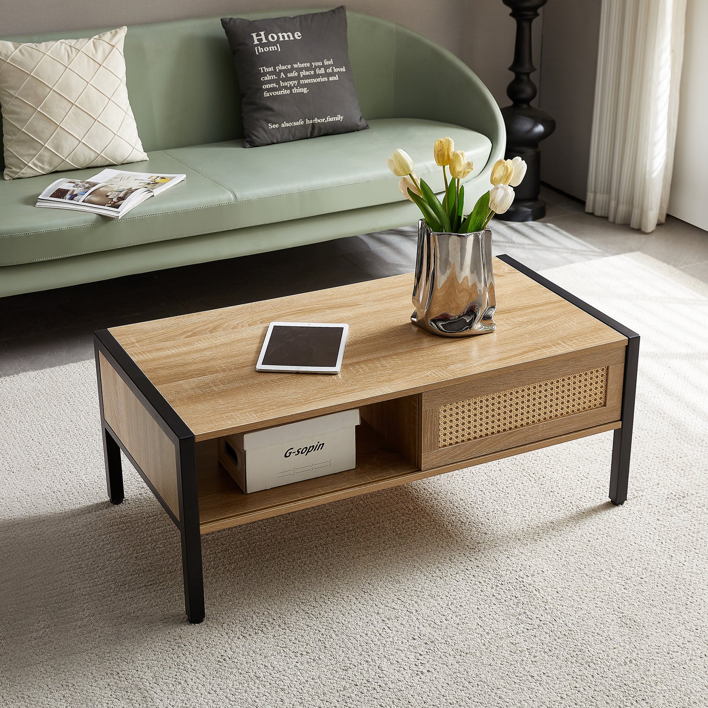 Rattan Coffee table with Metal Legs, SHINPT Mid Century Modern Coffee Table, Small Coffee Table Sliding Door for Storage, Couch Desk for Livingroom, Office Areas, Floor Table, Apartment Furniture