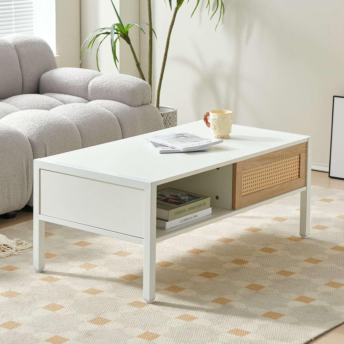 Rattan Coffee table with Metal Legs, SHINPT Mid Century Modern Coffee Table, Small Coffee Table Sliding Door for Storage, Couch Desk for Livingroom, Office Areas, Floor Table, Apartment Furniture