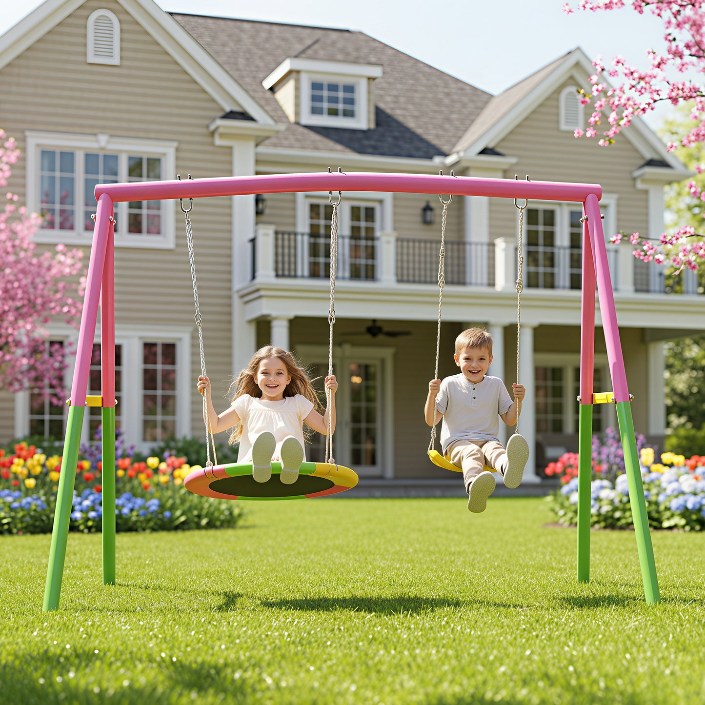 Swing Set for Backyard, SHINPT 2 in 1 Swing Set for Kids Ages 3-8, Toddler Swing Set with 1 Saucer Swing Seat and 1 Belt Swing Seat, Outdoor swing Set for Kids Playground