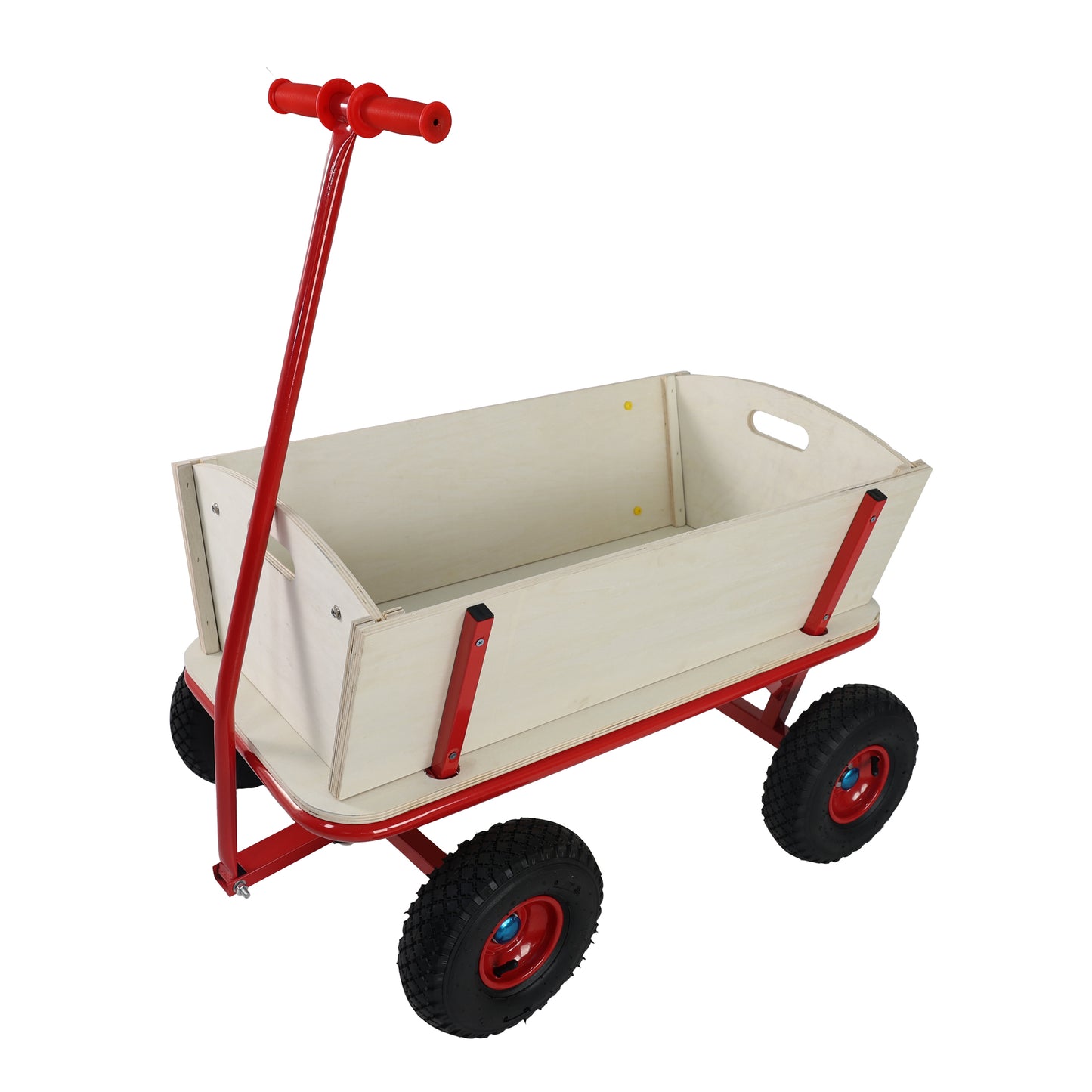 Heavy Duty Wagon with Handle, SHINPT Garden Cart and Wagon with Air Tires, Outdoor Gardening Cart with Wooden Side Panels, Utility Trailer with Metal Wheel Barrow, All Terrain Wagon for Yard, Lawn