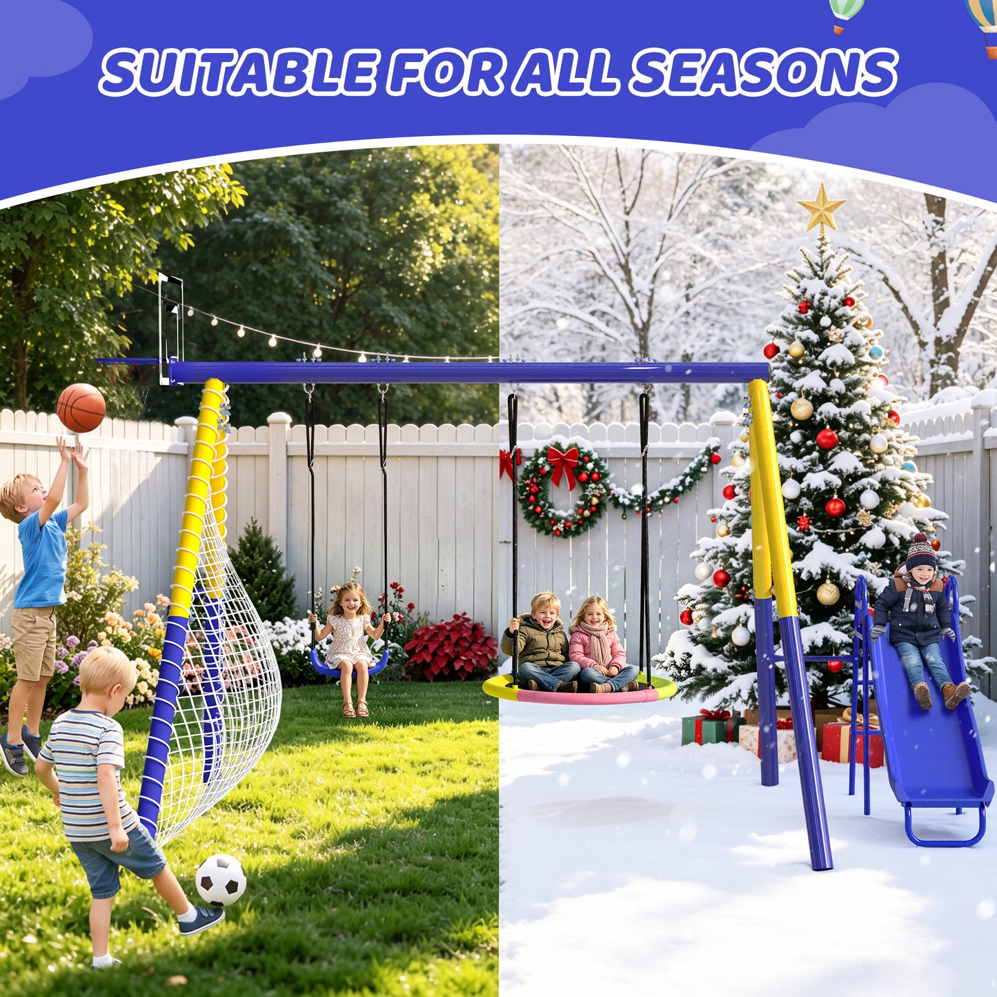 5 in 1 Metal Swing Sets for Backyard, SHINPT Outdoor Kids Swing Set with Slide, Saucer Swing Seat, Belt Swing Seat, Basketball Hoop, Soccer Net, Heavy Duty Backyard Playground Set for Kids