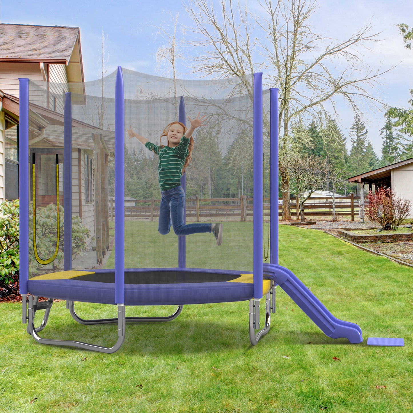 7FT Toddler Trampoline for Kids, SHINPT Outdoor/Indoor Trampoline with Slide and Ladder, Recreational Trampolinewith Safety Enclosure Net, Hexagon Trampoline for Kids 3+, Outside Toy for Backyard