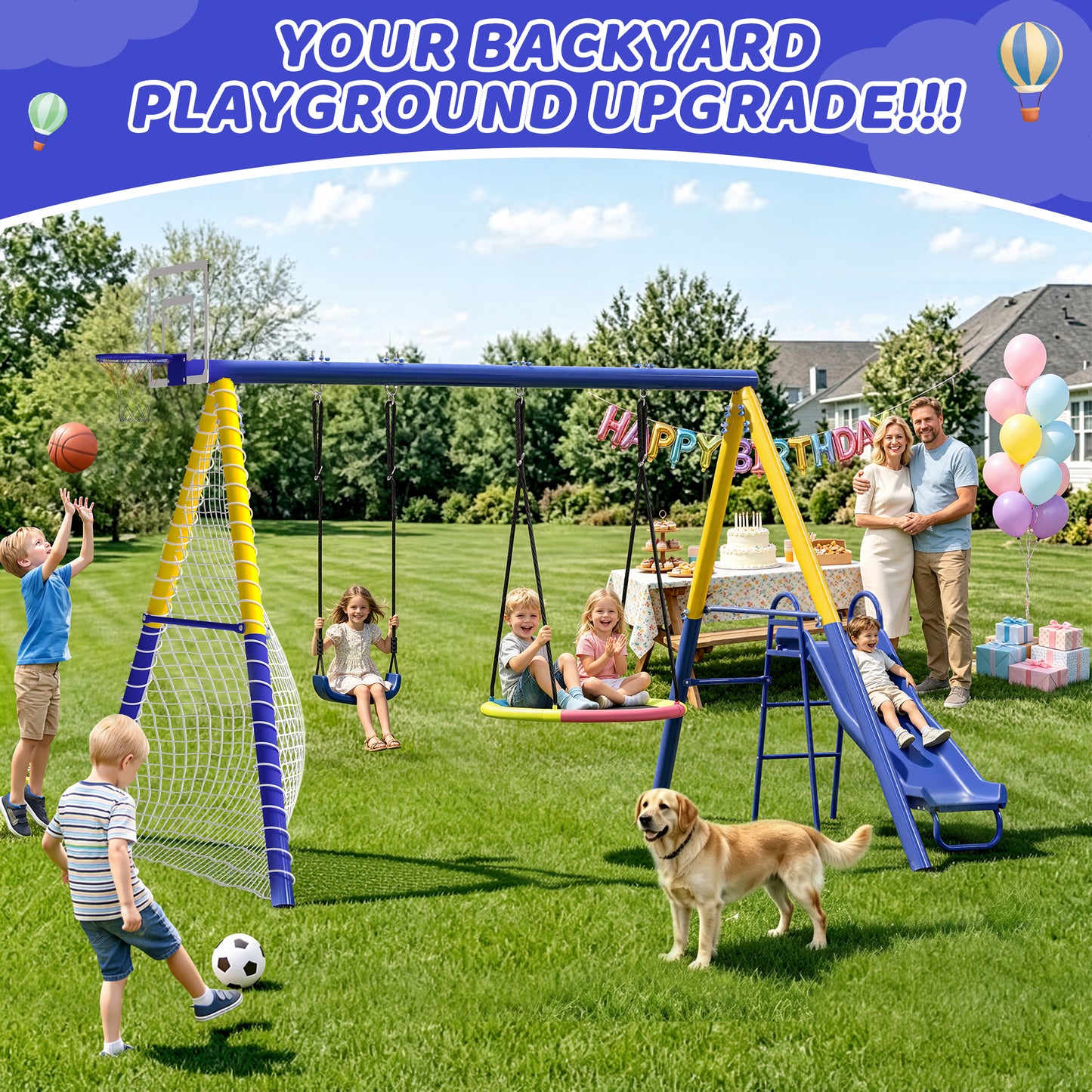 5 in 1 Metal Swing Sets for Backyard, SHINPT Outdoor Kids Swing Set with Slide, Saucer Swing Seat, Belt Swing Seat, Basketball Hoop, Soccer Net, Heavy Duty Backyard Playground Set for Kids