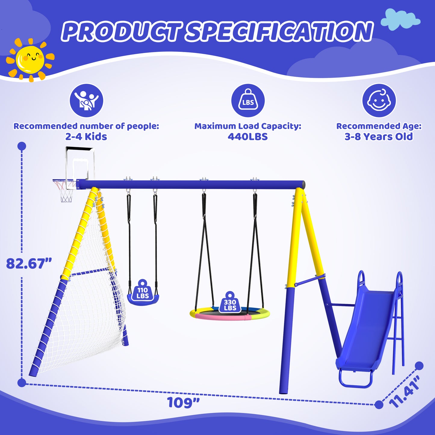 5 in 1 Metal Swing Sets for Backyard, SHINPT Outdoor Kids Swing Set with Slide, Saucer Swing Seat, Belt Swing Seat, Basketball Hoop, Soccer Net, Heavy Duty Backyard Playground Set for Kids