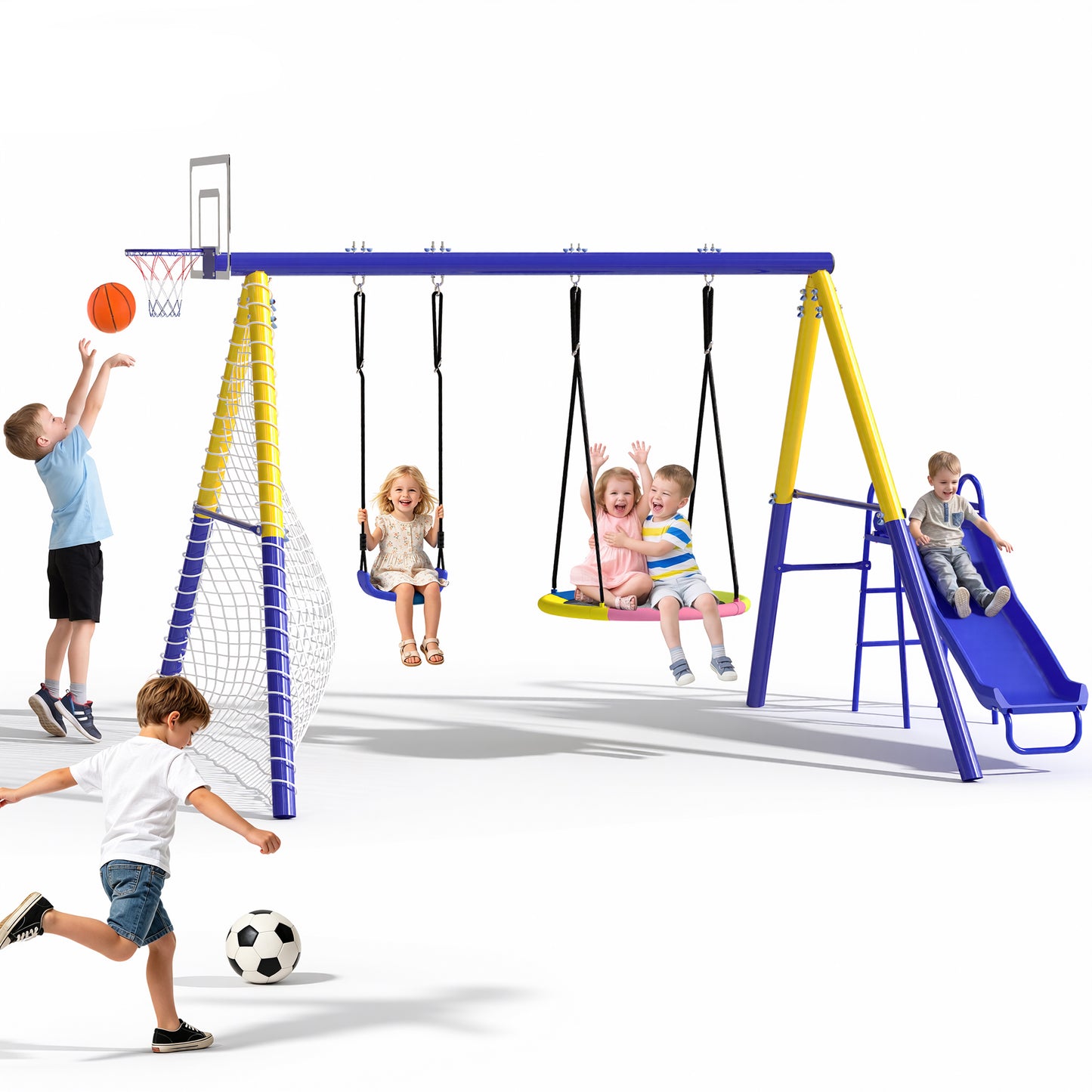 5 in 1 Metal Swing Sets for Backyard, SHINPT Outdoor Kids Swing Set with Slide, Saucer Swing Seat, Belt Swing Seat, Basketball Hoop, Soccer Net, Heavy Duty Backyard Playground Set for Kids