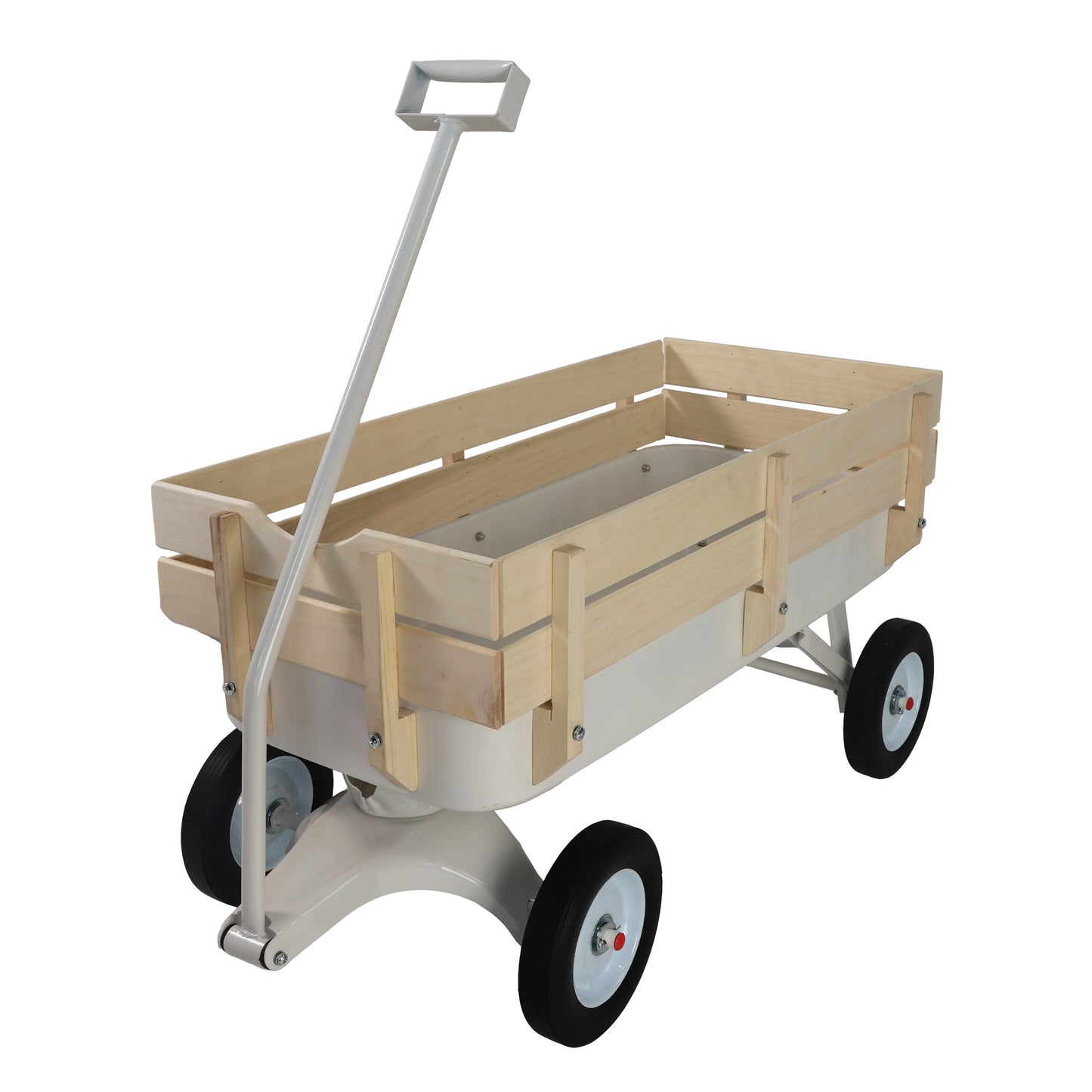 Heavy Duty Wagon with Handle, SHINPT Garden Cart and Wagon with Air Tires, Outdoor Gardening Cart with Wooden Side Panels, Utility Trailer with Metal Wheel Barrow, All Terrain Wagon for Yard, Lawn