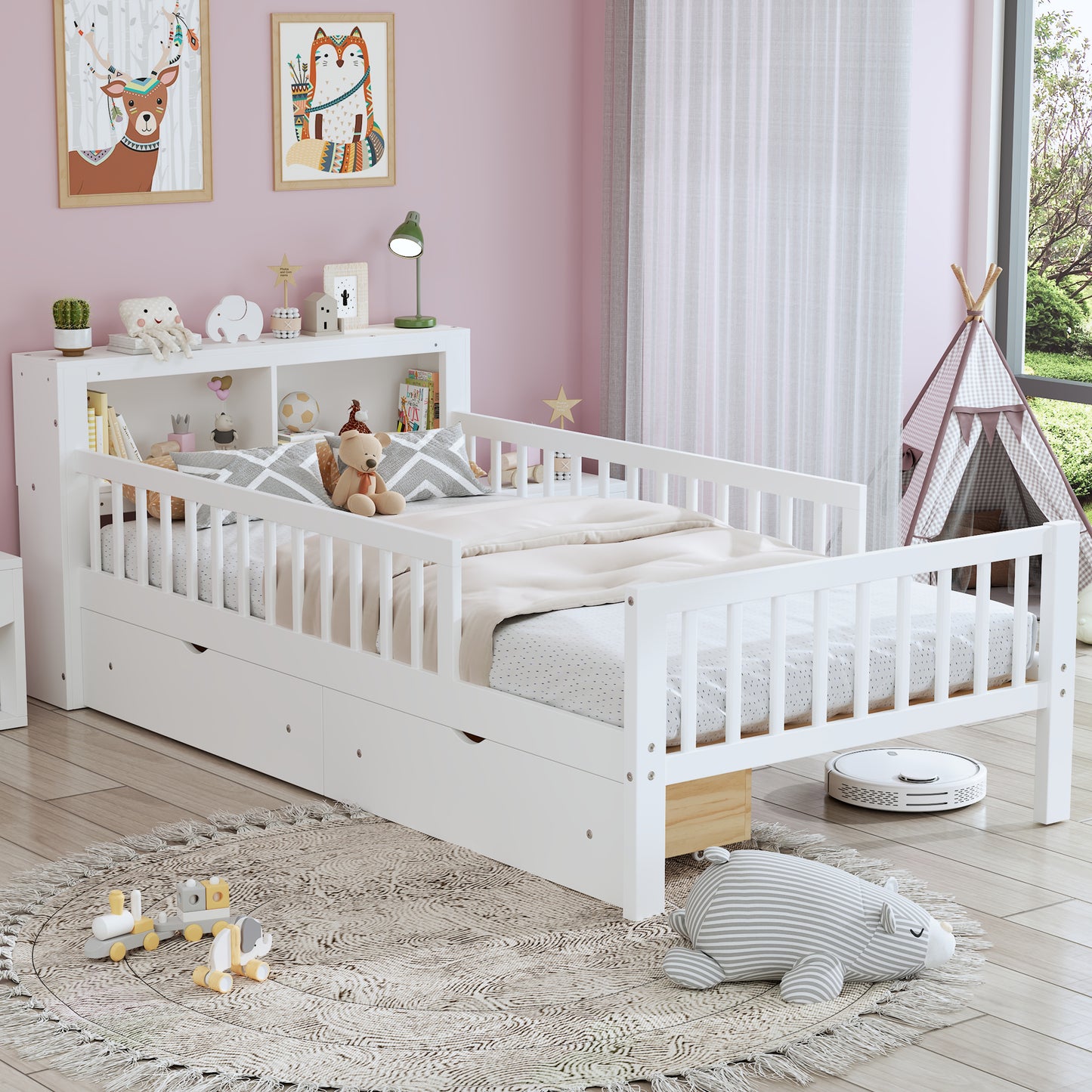 Twin Bed Frame for Kids, SHINPT Twin Size Bed Frame with Headboard Storage Rack, Storage Bed Frame with Two Under-Bed Drawers, Bed for Kids with three-Side Guardrails, White, Pink, Gray, Walnut