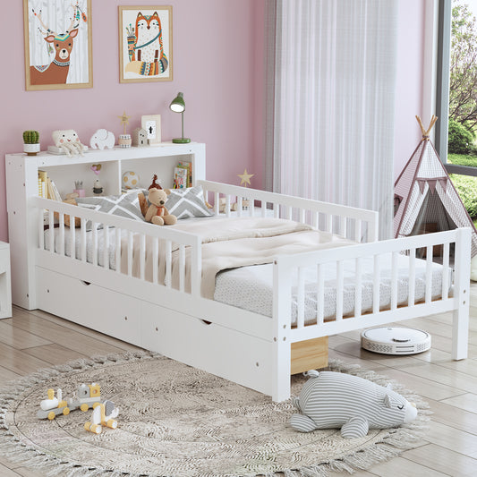 Twin Bed Frame for Kids, SHINPT Twin Size Bed Frame with Headboard Storage Rack, Storage Bed Frame with Two Under-Bed Drawers, Bed for Kids with three-Side Guardrails, White, Pink, Gray, Walnut