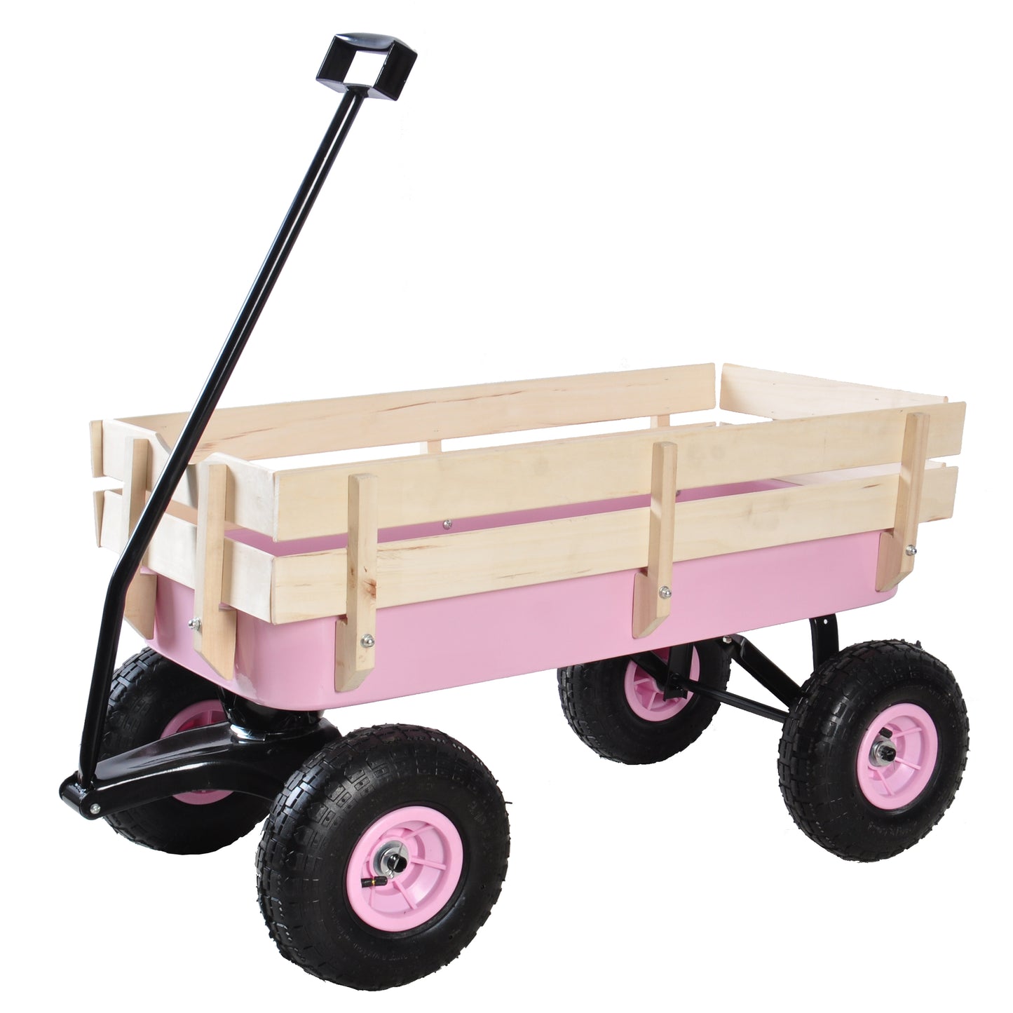 Heavy Duty Wagon with Handle, SHINPT Garden Cart and Wagon with Air Tires, Outdoor Gardening Cart with Wooden Side Panels, Utility Trailer with Metal Wheel Barrow, All Terrain Wagon for Yard, Lawn