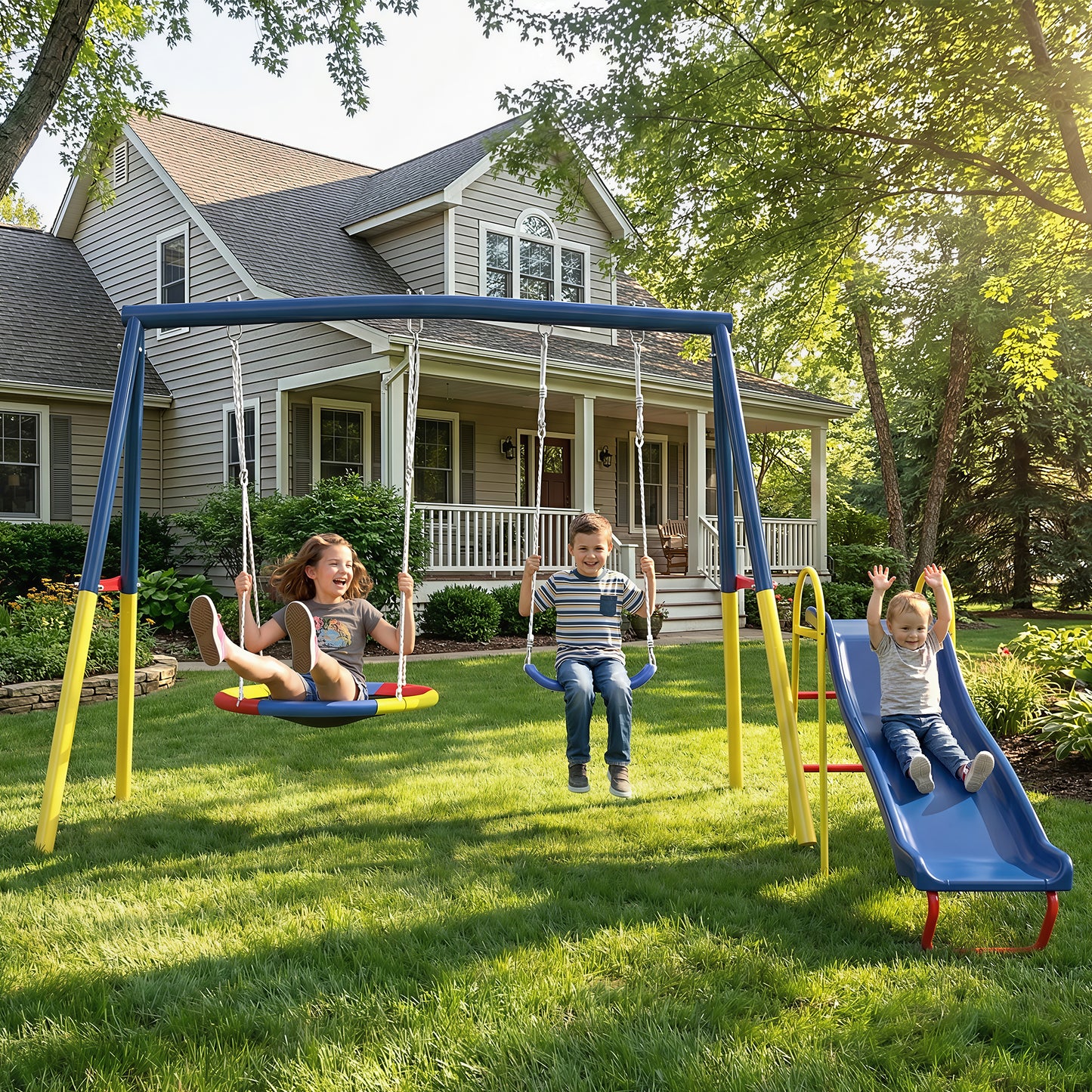 3 in 1 Metal Swing Set Outdoor , SHINPT Toddler Swing Set for Backyard, Tall Swing Set with Climbing Rope, Saucer Swing Seat, Belt Swings Seat, Heavy Duty Swing Set for kids, Kids Playset Outdoor