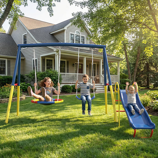 3 in 1 Metal Swing Set Outdoor , SHINPT Toddler Swing Set for Backyard, Tall Swing Set with Climbing Rope, Saucer Swing Seat, Belt Swings Seat, Heavy Duty Swing Set for kids, Kids Playset Outdoor