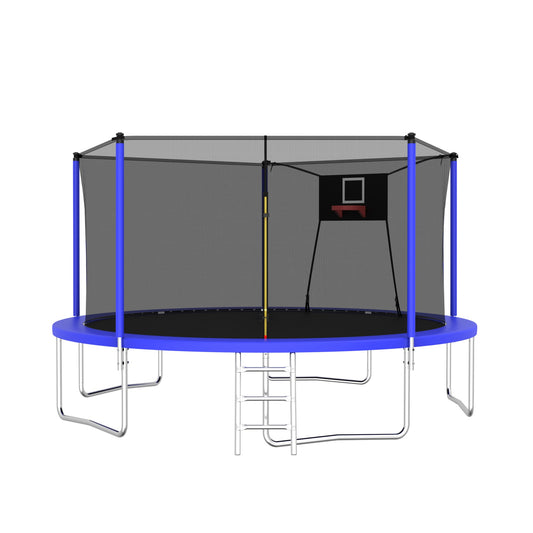 14FT Sports Fitness Trampoline with Net, SHINPT Large Trampoline with Basketball Hoop, Exercise Trampoline for Adults and Kids for Outdoor/Indoor, Gymnastics Trampoline with Ladder for Basement, Yard