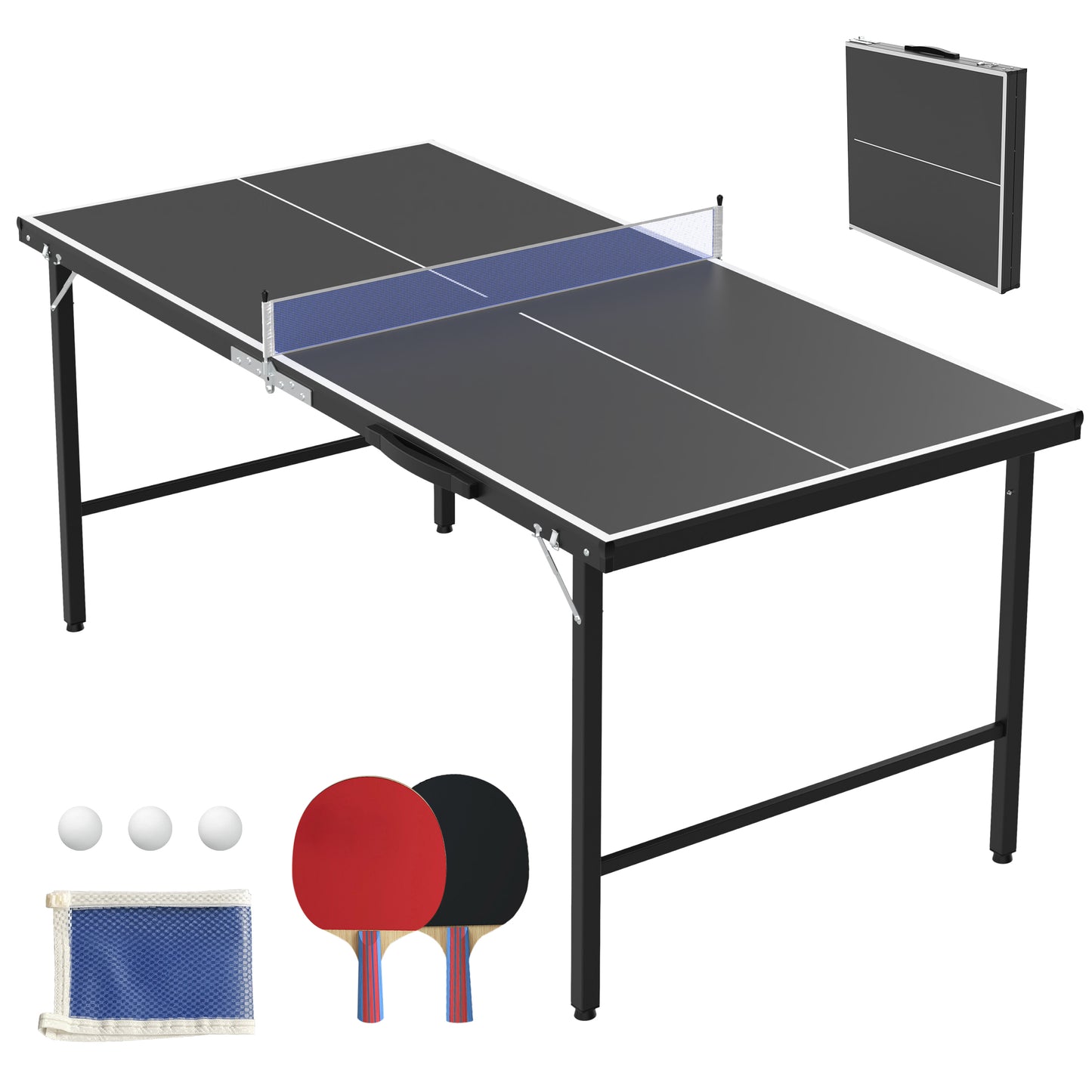 SHINPT 5ft Portable Ping Pong Table, Foldable Mid-Size and 100% Pre-Assembled Weatherproof Indoor/Outdoor Table Tennis with Net for Adults/Teens, 2 Table Tennis Paddles and 3 Balls, Black