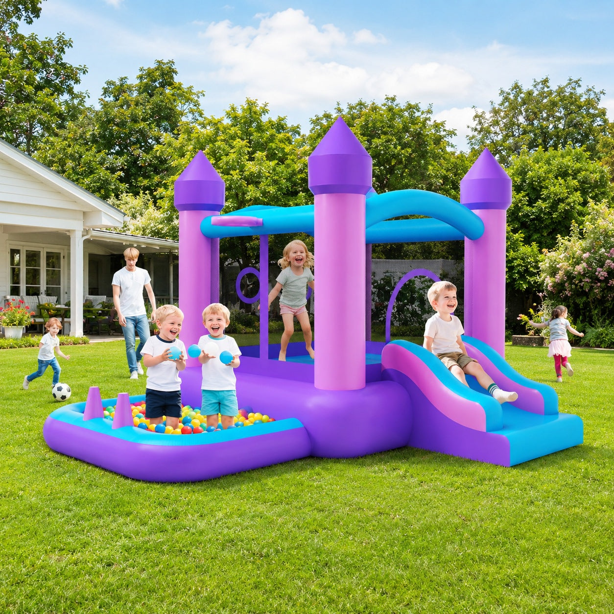 Bounce House for Kids 3-10 with Slide, SHINPT 6-in-1 Inflatable Bounce House for Indoor Outdoor Backyard, Quick Inflate Bouncy House with  Blower, 420D Oxford Bounce Castle for Birthday Party, Purple