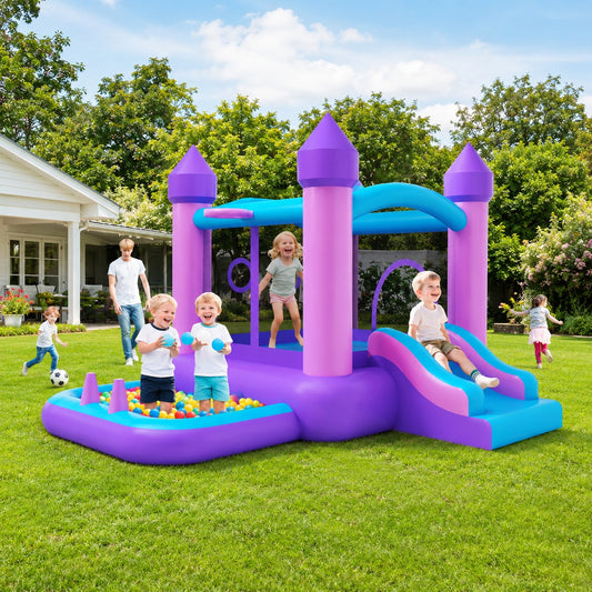 SHINPT Bounce House for Kids 3-10 with Slide, 6-in-1 Inflatable Bounce House for Indoor Outdoor Backyard, Quick Inflate Bouncy House with  Blower, 420D Oxford Bounce Castle for Birthday Party, Purple