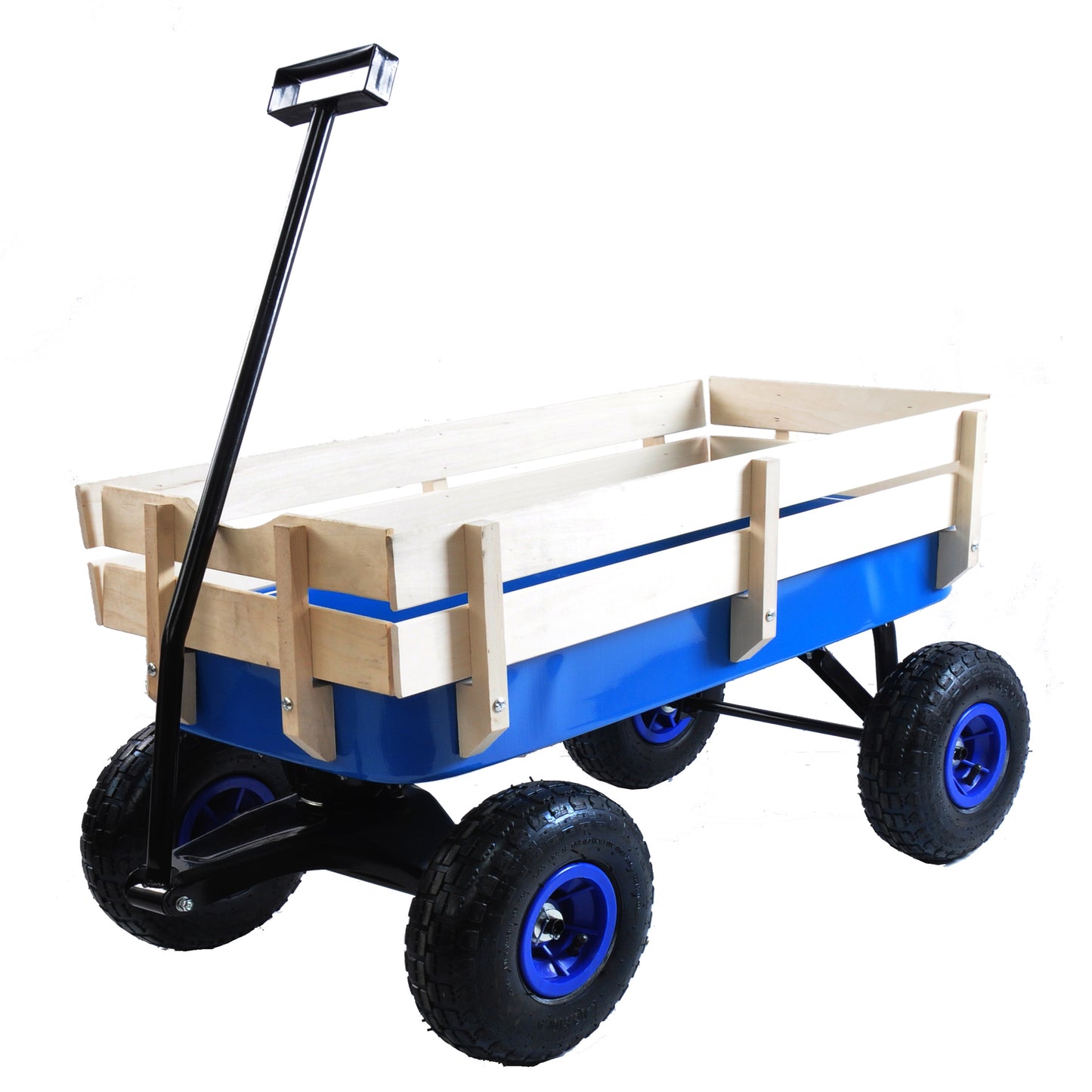 Heavy Duty Wagon with Handle, SHINPT Garden Cart and Wagon with Air Tires, Outdoor Gardening Cart with Wooden Side Panels, Utility Trailer with Metal Wheel Barrow, All Terrain Wagon for Yard, Lawn