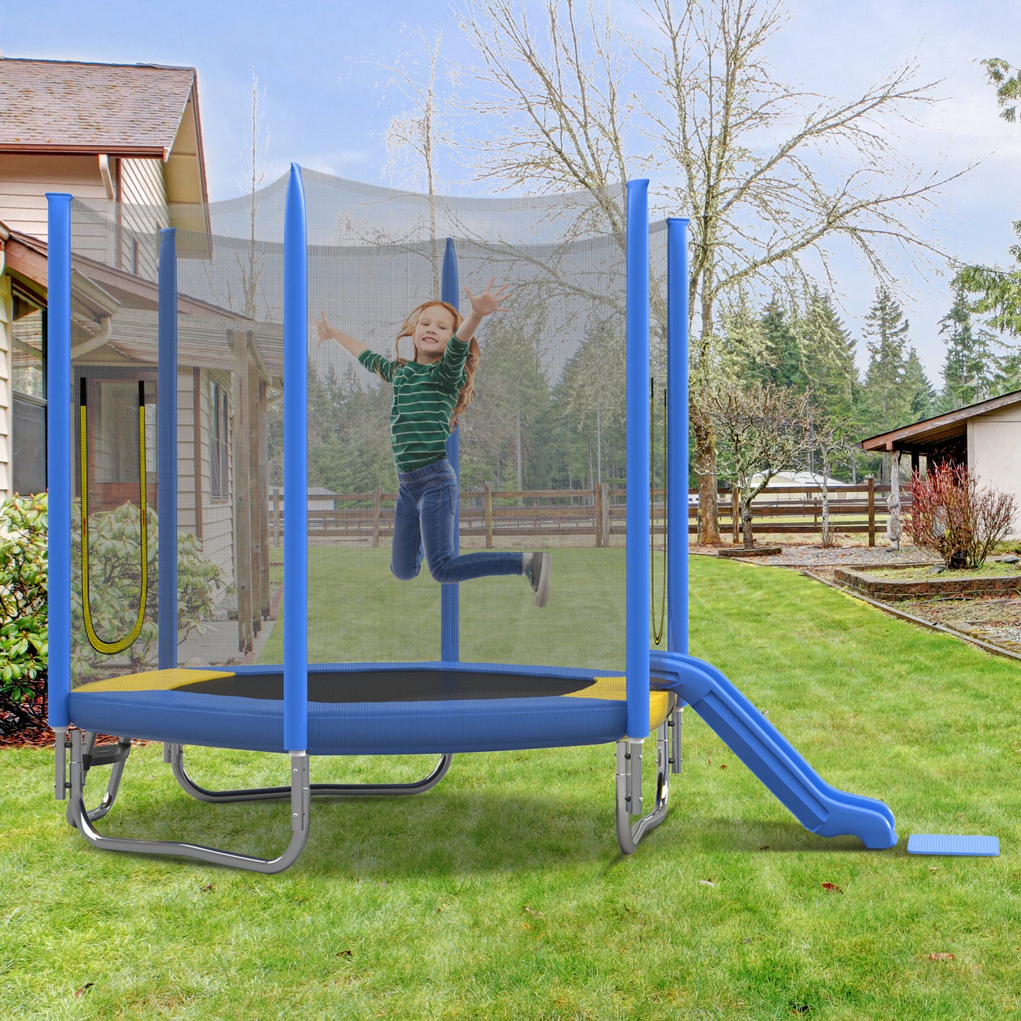 7FT Toddler Trampoline for Kids, SHINPT Outdoor/Indoor Trampoline with Slide and Ladder, Recreational Trampolinewith Safety Enclosure Net, Hexagon Trampoline for Kids 3+, Outside Toy for Backyard