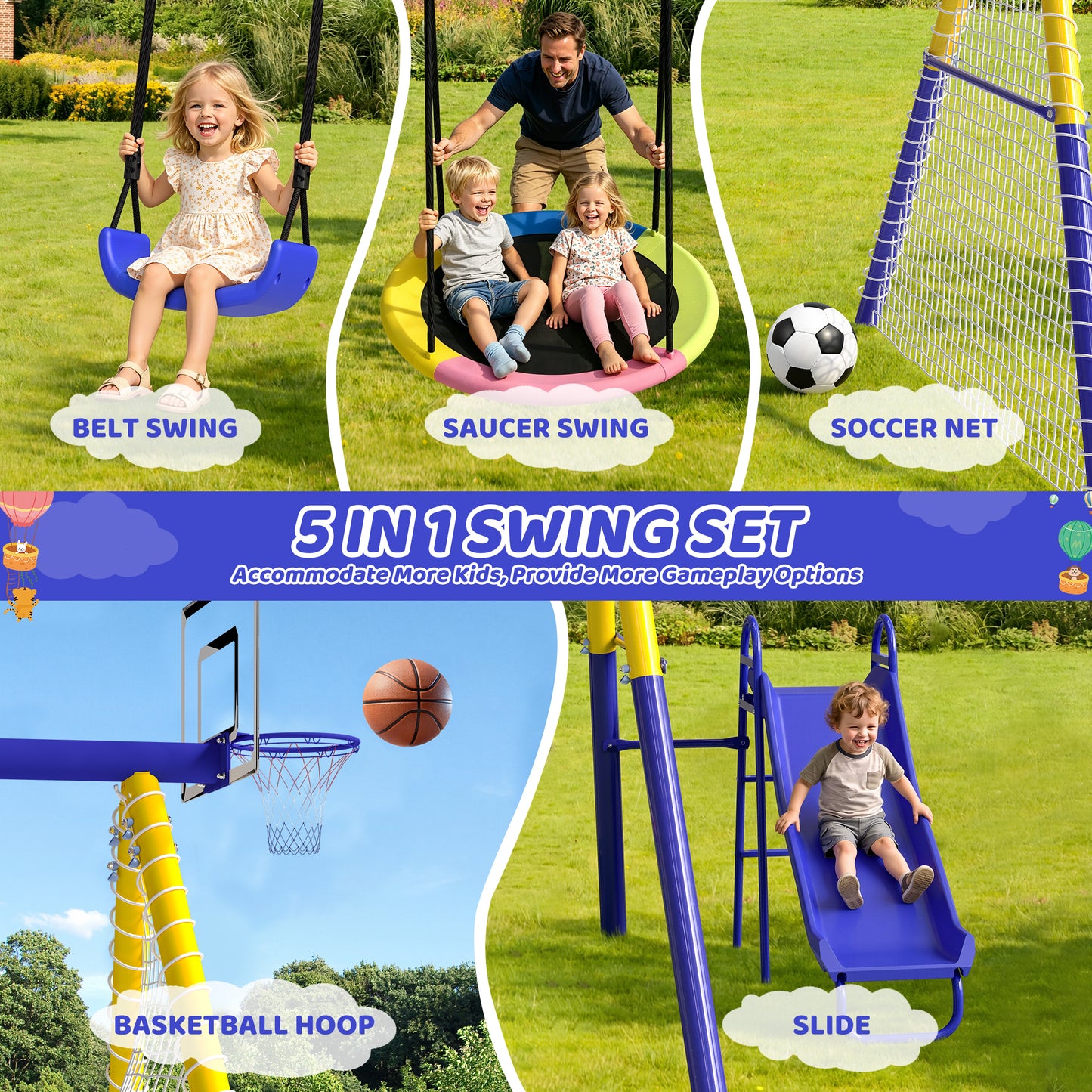 5 in 1 Metal Swing Sets for Backyard, SHINPT Outdoor Kids Swing Set with Slide, Saucer Swing Seat, Belt Swing Seat, Basketball Hoop, Soccer Net, Heavy Duty Backyard Playground Set for Kids