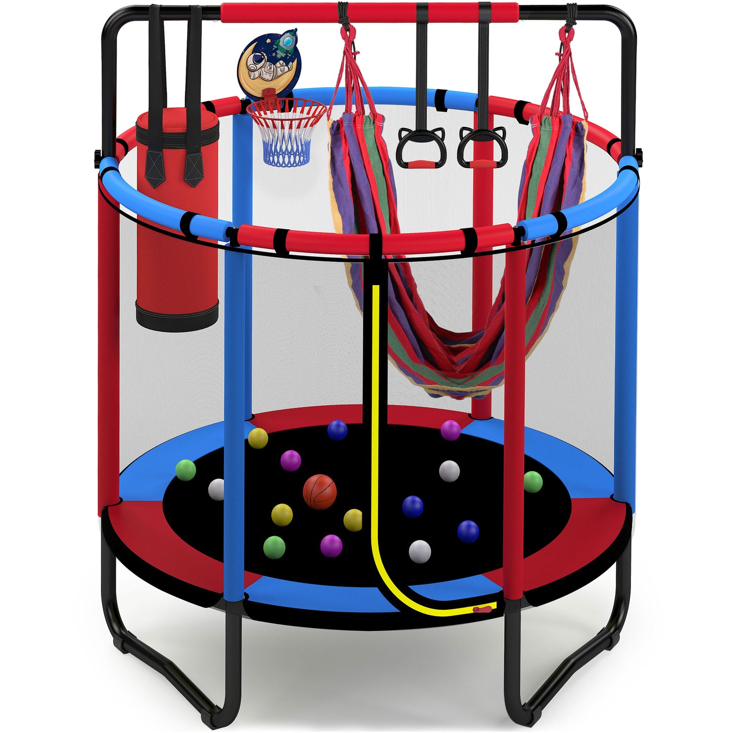 55" Trampoline for Kids with Enclosure, 220lbs Capacity Indoor Toddler Trampoline with Basketball Hoop, kids Trampoline with Swing, Gymnastics Bar, Sandbag, Ring, Ocean Balls, Gifts for Boys, Girls