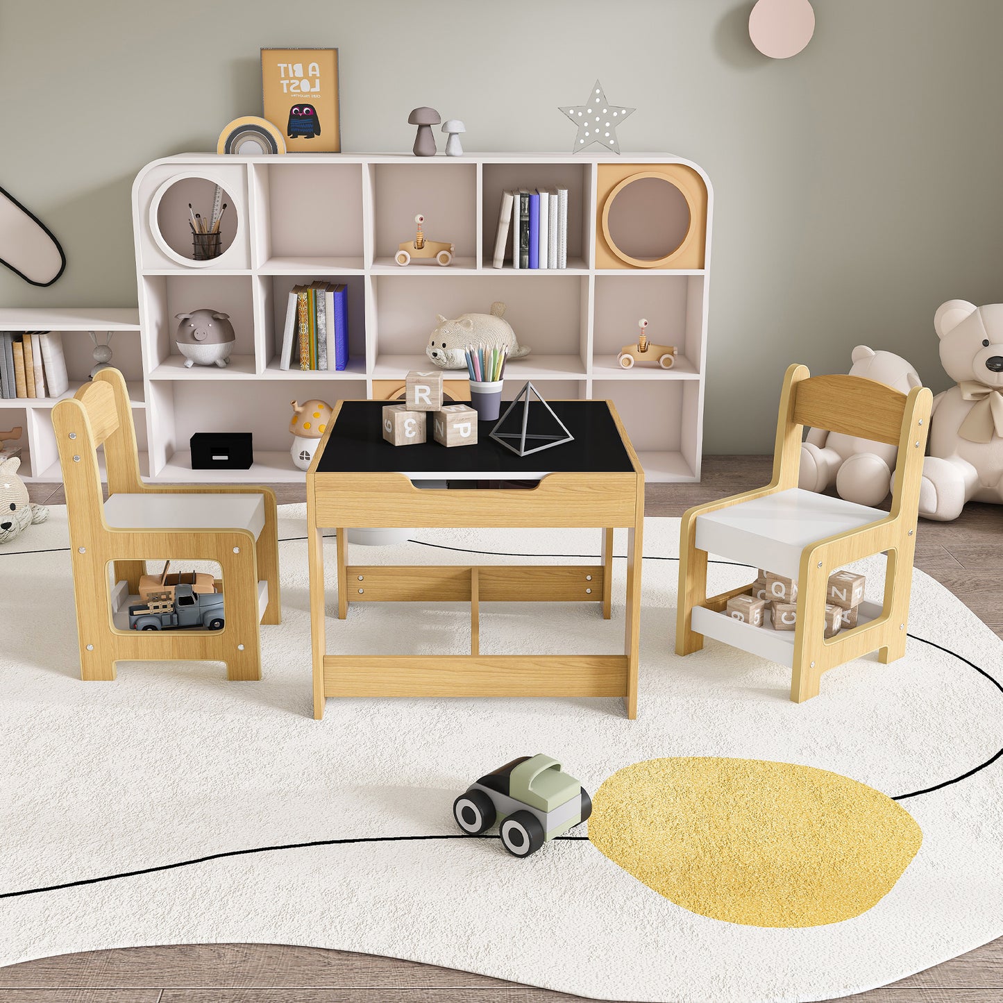 3 in 1 Children Table and Chair Set, SHINPT Kids Furniture with 1 Table and 2 Chairs for Drawing, Reading, Play, Kids Craft Table with Detachable Blackboard, Toddler Play Table for Nursery, Playroom