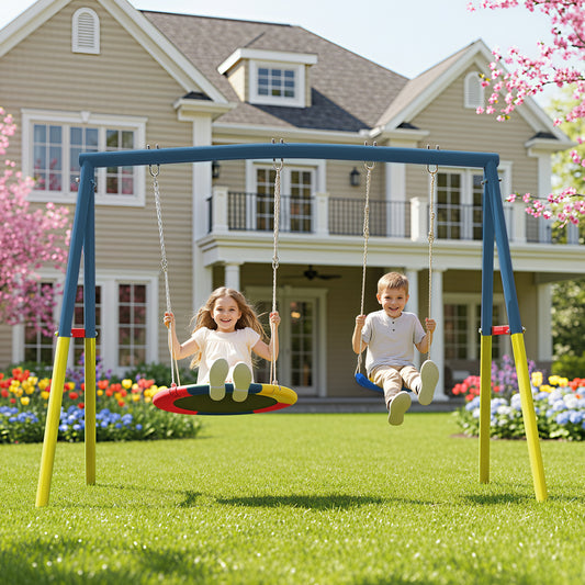 SHINPT Swing Set for Backyard, SHINPT 2 in 1 Swing Set for Kids Ages 3-8, Toddler Swing Set with 1 Saucer Swing Seat and 1 Belt Swing Seat, Outdoor swing Set for Kids Playground