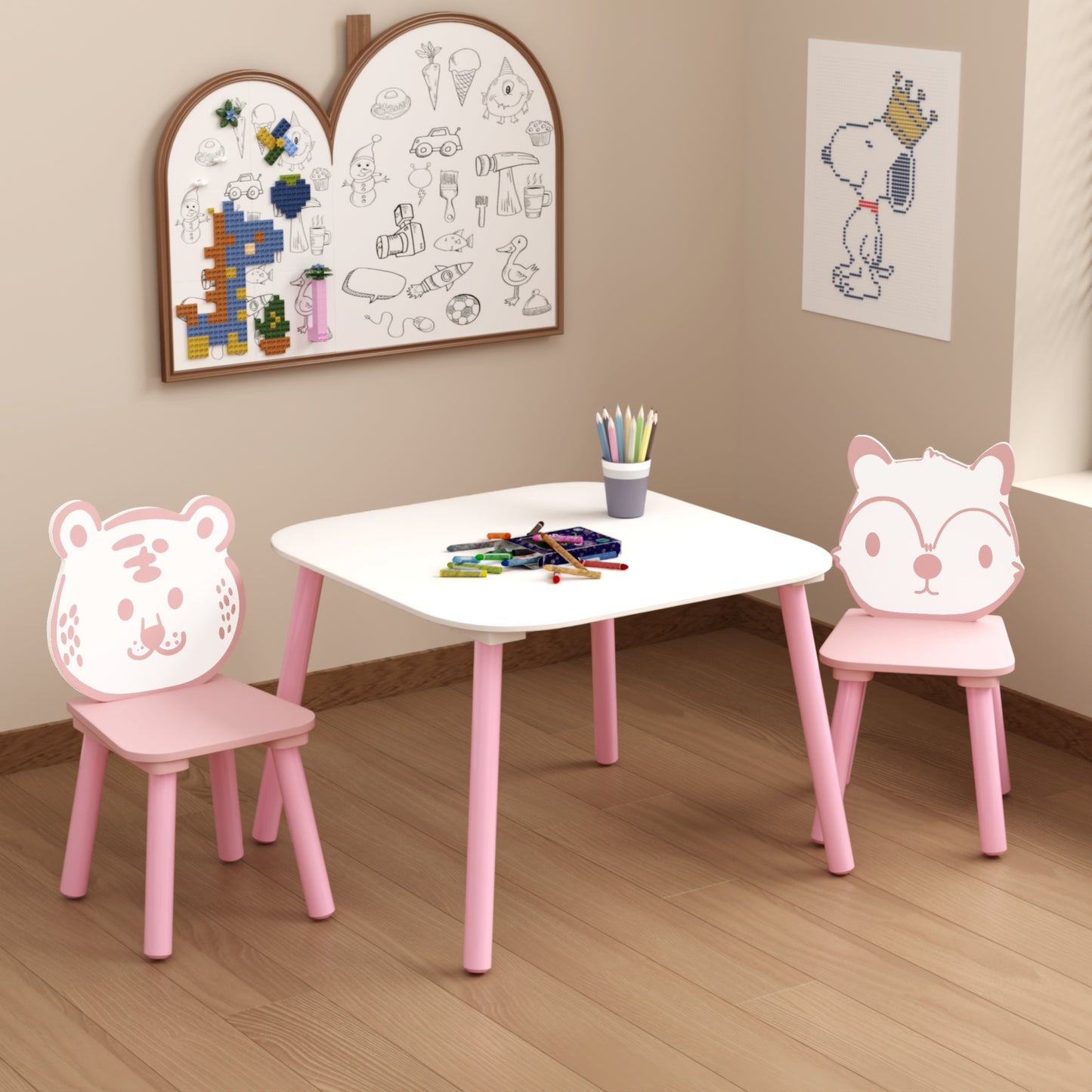 Table and 2 Chairs for Kids 2-5, SHINPT Baby Table and Chair Set, 3 Pieces Toddler Play Table, Kids Art Table and Chair Set for Game Room, Children's Room, Wooden Activity Play Table Set for Gift