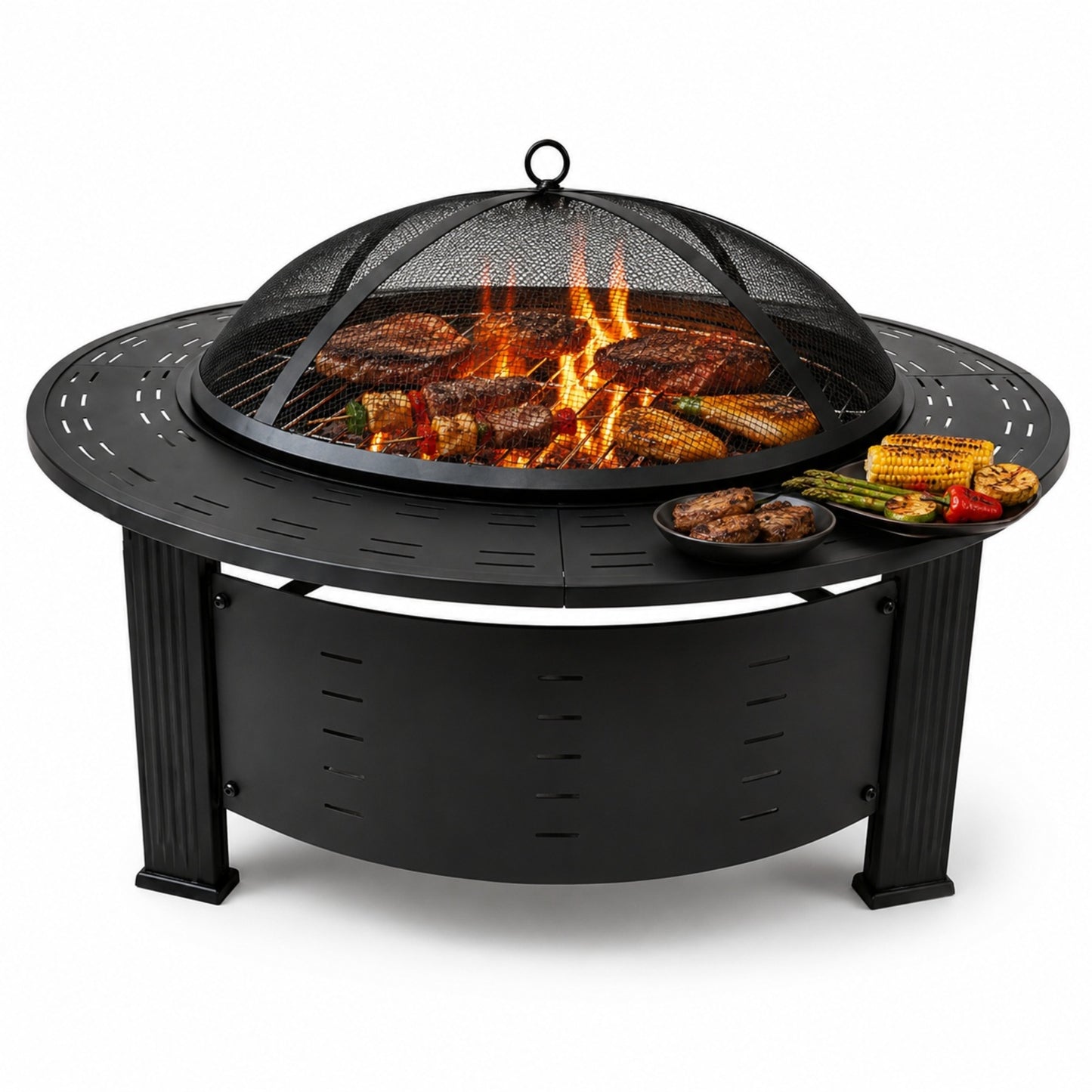 Fire Pit, SHINPT Modern 37 Inch Round Outdoor Fire Pit Table, Wood Burning Metal Fireplace with Square Lid, Black Steel Brazier for Patio Backyard Garden