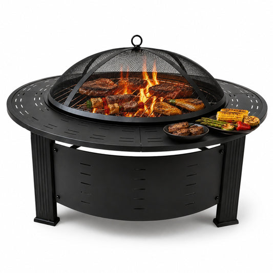 SHINPT Wood Burning Fire Pit,  Modern 37 Inch Round Outdoor Fire Pit Table, Wood Burning Metal Fireplace with Square Lid, Black Steel Brazier for Patio Backyard Garden