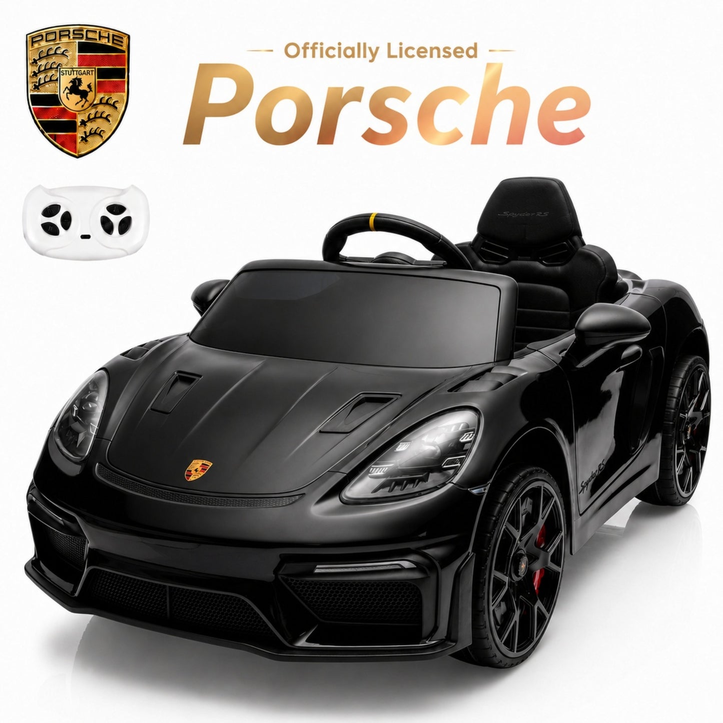 SHINPT Electric Ride On Car, Licensed Porsche Kids Electric Car with 2.4G Parent Remote Control & Bluetooth, 12V 2WD Toddler Ride On Toy 3 Speeds LED Lights Black for Kids Ages 3-5, Backyard Play