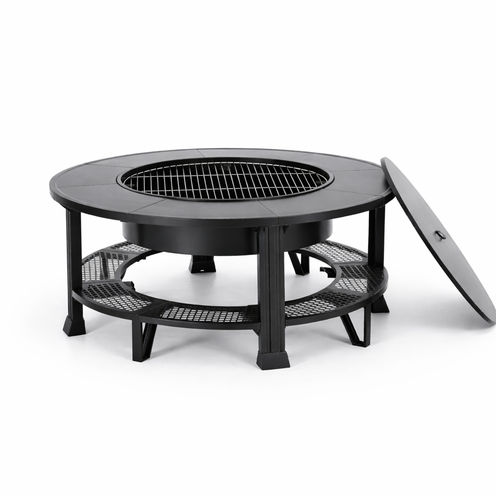 Outdoor Fire Pit, SHINPT 38” Round Wood Burning Fire Pit Table with Grill Grate, Screen Lid, Poker and Waterproof Cover, Fire/BBQ/Storage Pit for Patio, Backyard, Garden and Camping, Black